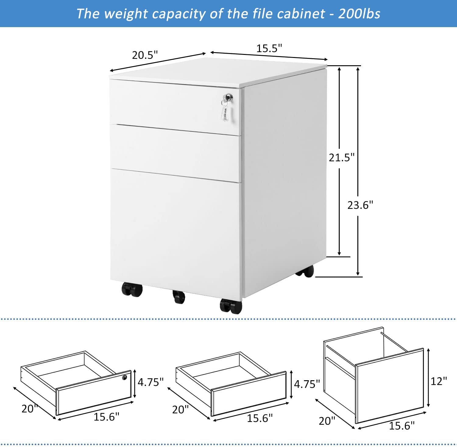 3-Drawer Metal File Cabinet with Lock & Wheels - Large Under Desk Storage for Office & Home - Fully Assembled White Filing Cabinet - Perfect for Organizing Documents, Files & Office Supplies