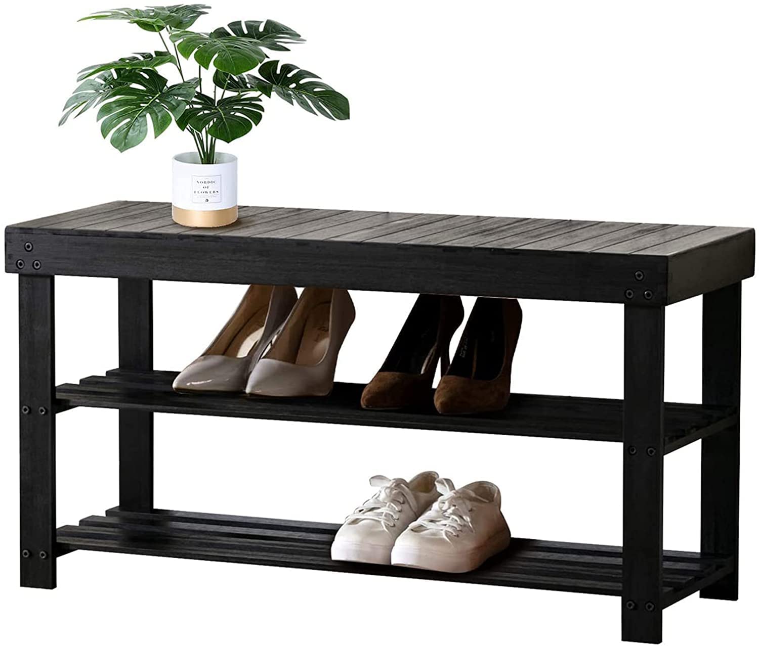 3-Tier Bamboo Shoe Rack Bench with Storage - 34