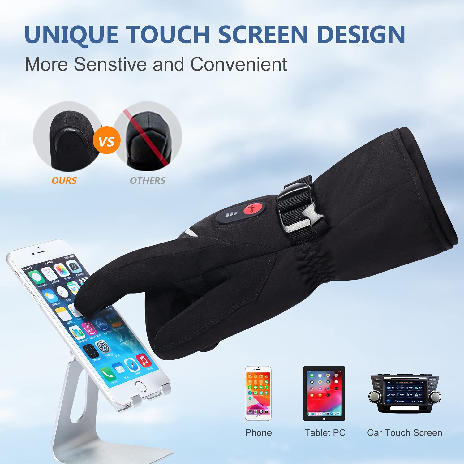 7.4V Rechargeable Heated Gloves - Electric Battery-Powered Winter Gloves for Skiing, Riding, Hiking & Motorcycling - Touchscreen Compatible Hand Warmers for Cold Weather Outdoor Activities
