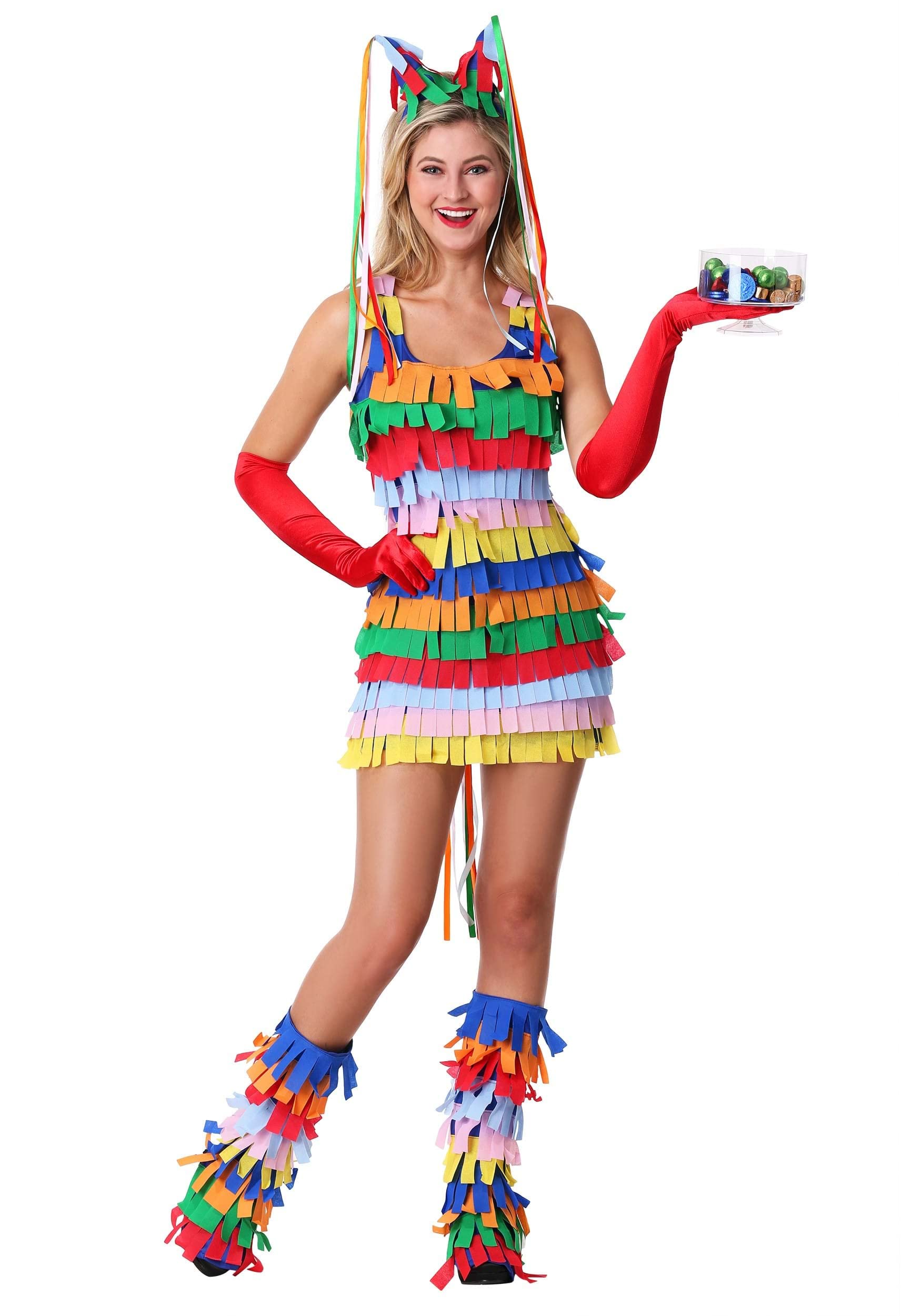 Women's Piñata Costume - Colorful Fringed Dress with Horned Headband & Boot Covers | Halloween Party, Cosplay, Mexican Fiesta Outfit for Adults