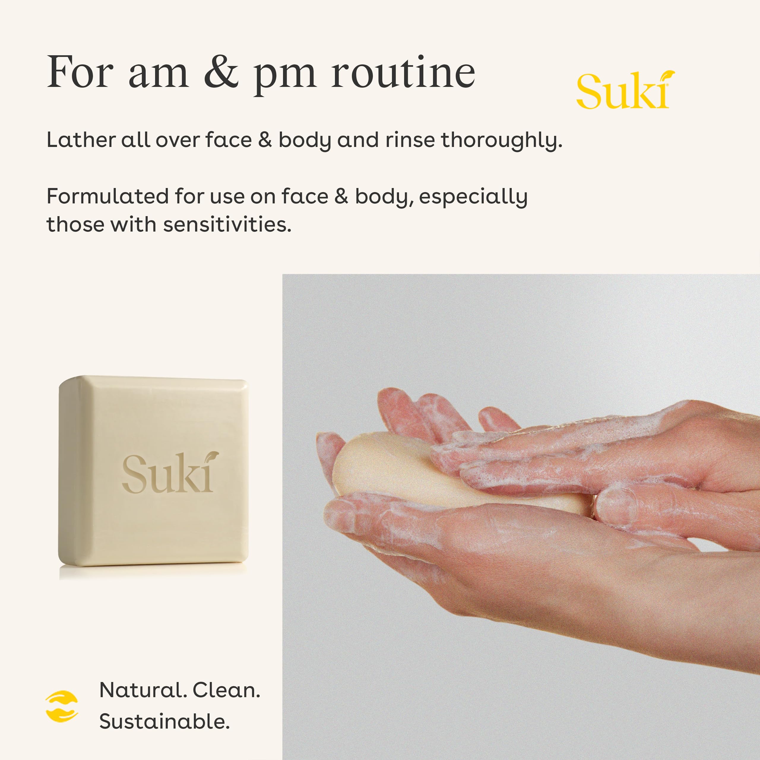 Suki Sensitive Skin Cleansing Bar - 4 Oz Organic Face Soap for Dry & Delicate Skin | Gentle Facial Cleanser for Daily Use, Travel & Sensitive Skin Care Routine