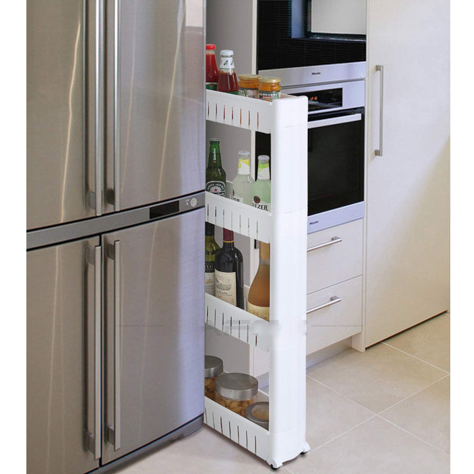 Xin Hai Yuan Adjustable 4-Tier Mobile Storage Rack - White Space-Saving Organizer for Kitchen, Bathroom & Fridge Gaps | Perfect for Small Spaces & Home Organization