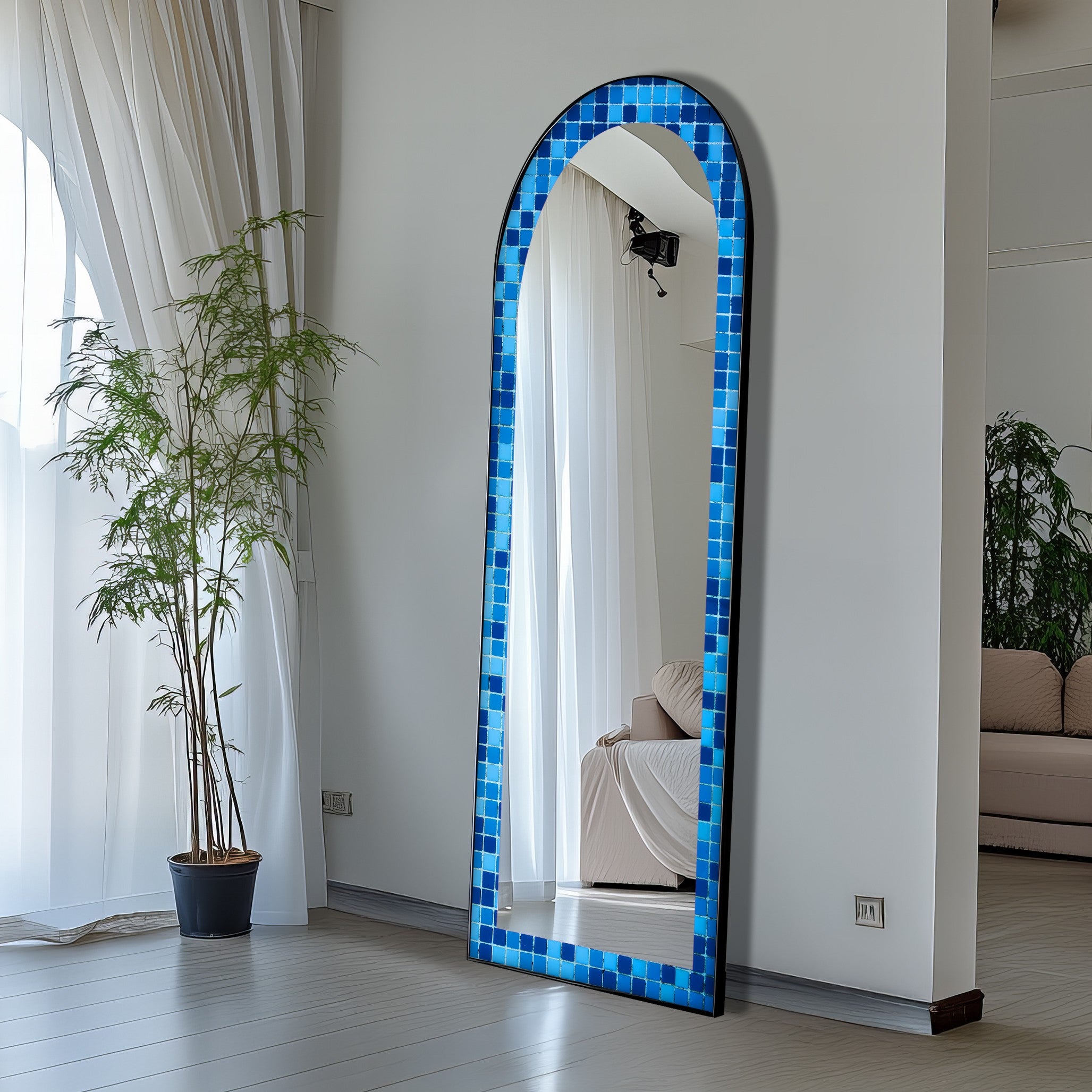 Blue Mosaic Pattern Full Length Floor Mirror - Elegant Home Decor for Bedroom, Living Room & Entryway