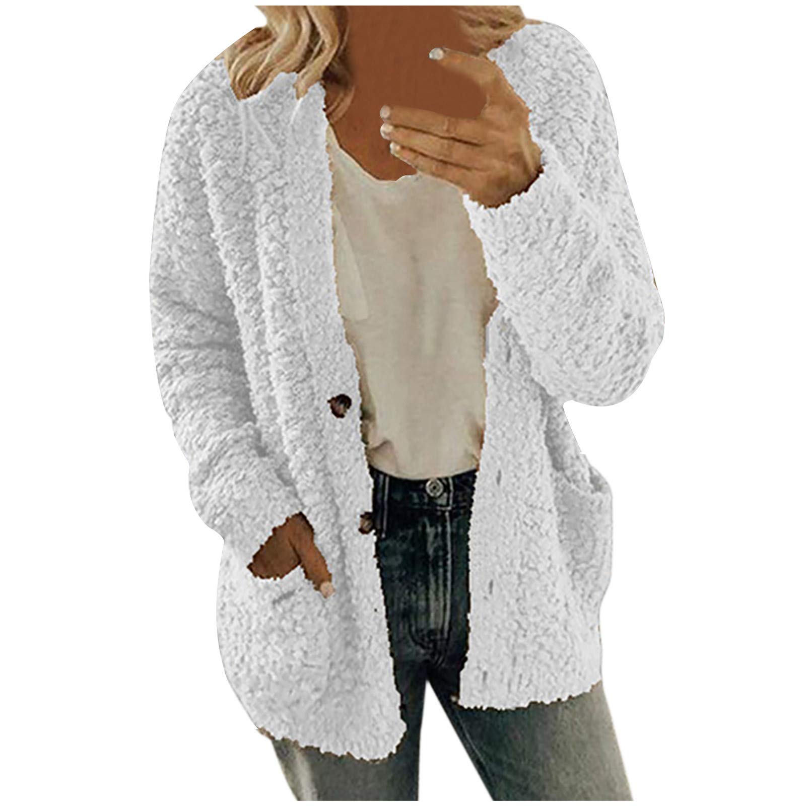 Women's Blue Fleece Jacket - Warm Plush Plus Size Cardigan Coat with Pockets & Buttons | Casual Outerwear for Winter, Fall & Everyday Wear