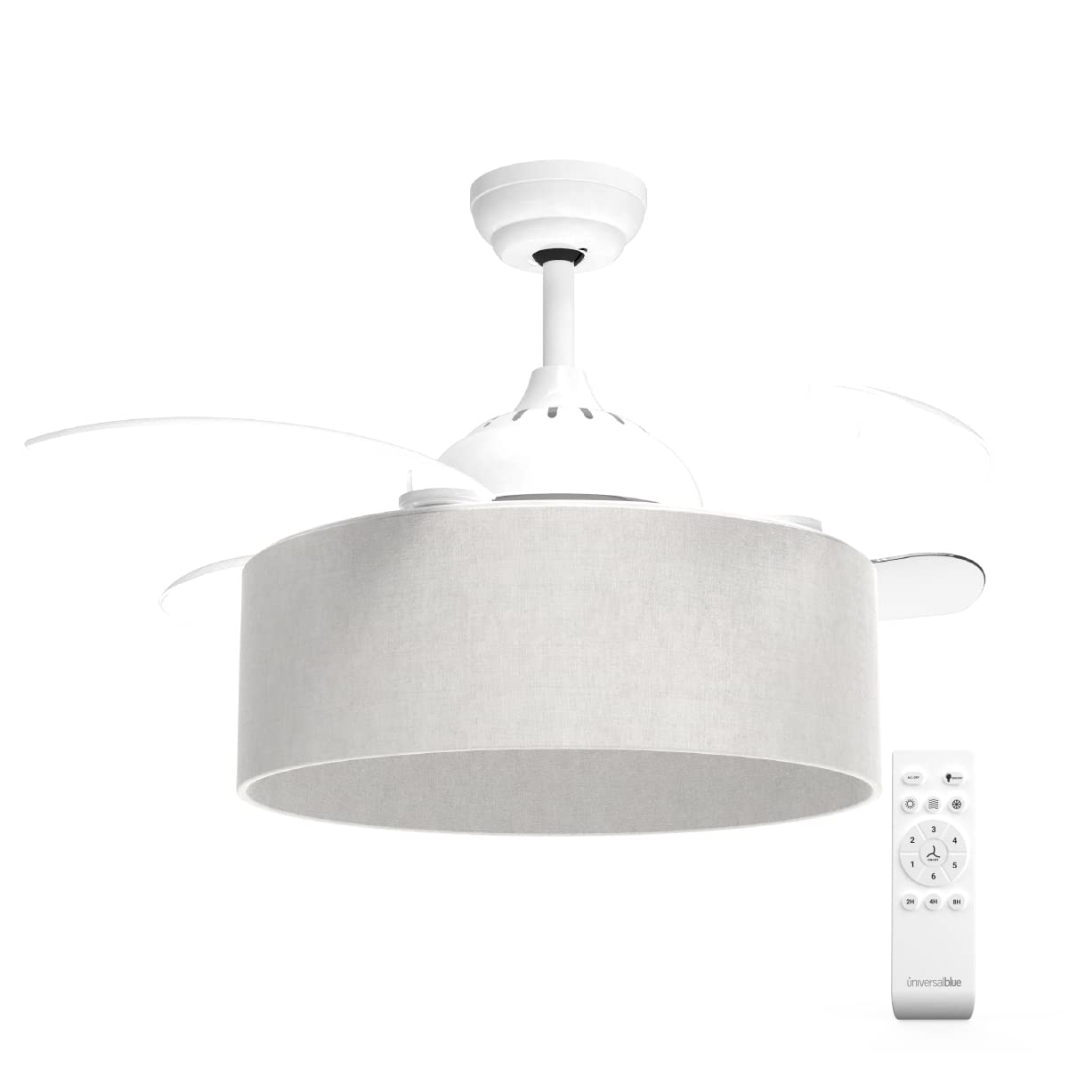 UNIVERSALBLUE | Ceiling Fan with Light and Retractable Blades | Fabric Shade | Quiet DC Motor Fan | 3 Light Types | 6 Speeds | Perfect for Living Room, Bedroom, and Office Cooling