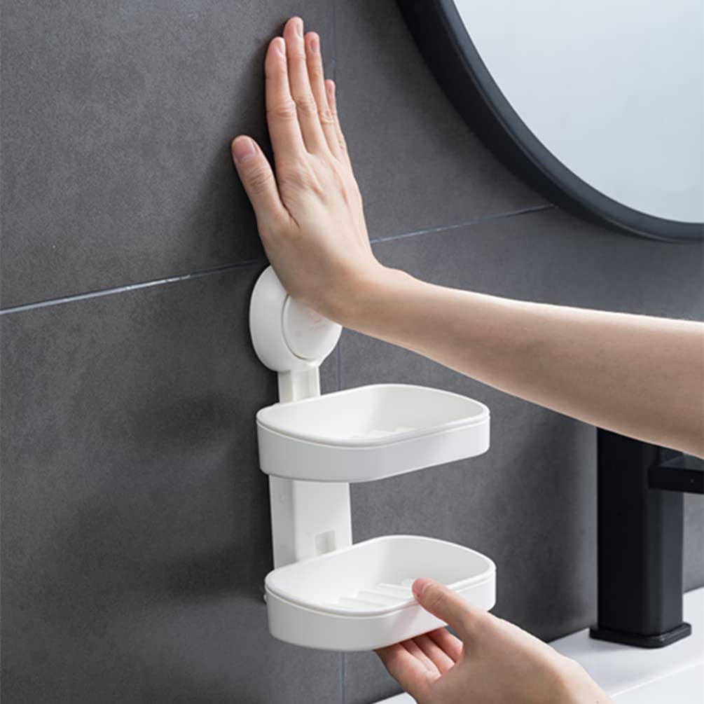 Double Layer Suction Cup Soap Dish - Waterproof Wall Mount Soap Holder for Bathroom, Shower, Kitchen Sink - No Drill Needed, Removable & Durable (White) - Perfect for Small Spaces, RV, Apartment & Dorm Use