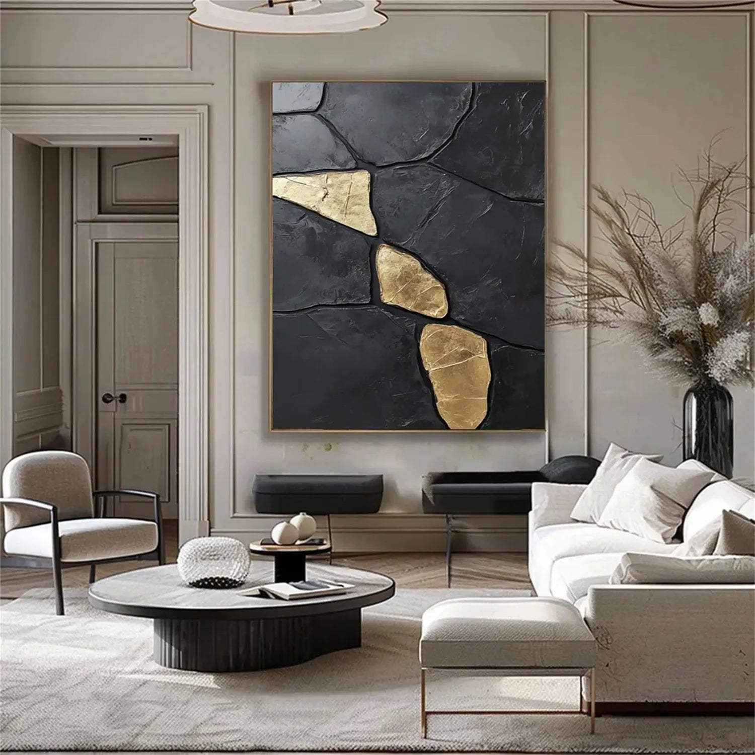 Black Gold Minimalist Textured Painting Canvas Wall Art - Modern Abstract Home Decor for Living Room, Bedroom & Office | Premium Quality #MZ122