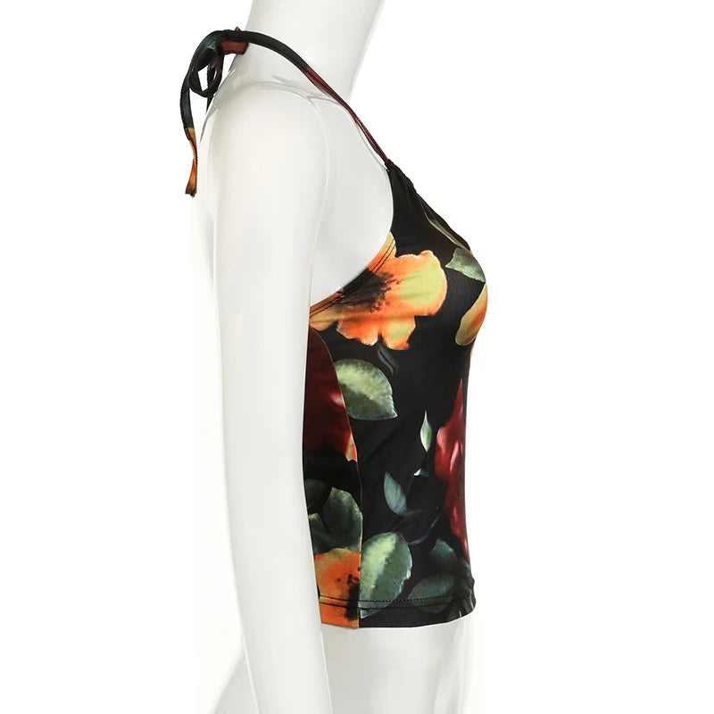 Floral Print Backless Halter Crop Top for Women - Sexy Summer Beachwear & Casual Harajuku Style | Perfect for Vacations, Music Festivals & Night Out