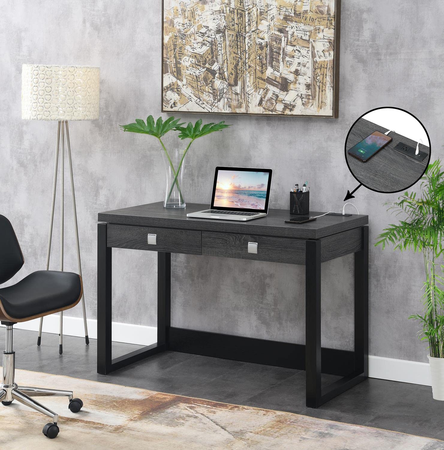 Convenience Concepts Newport 2-Drawer Office Desk with USB Charging Station - Weathered Gray/Black Finish - Perfect for Home Office, Study Room & Small Workspace Organization