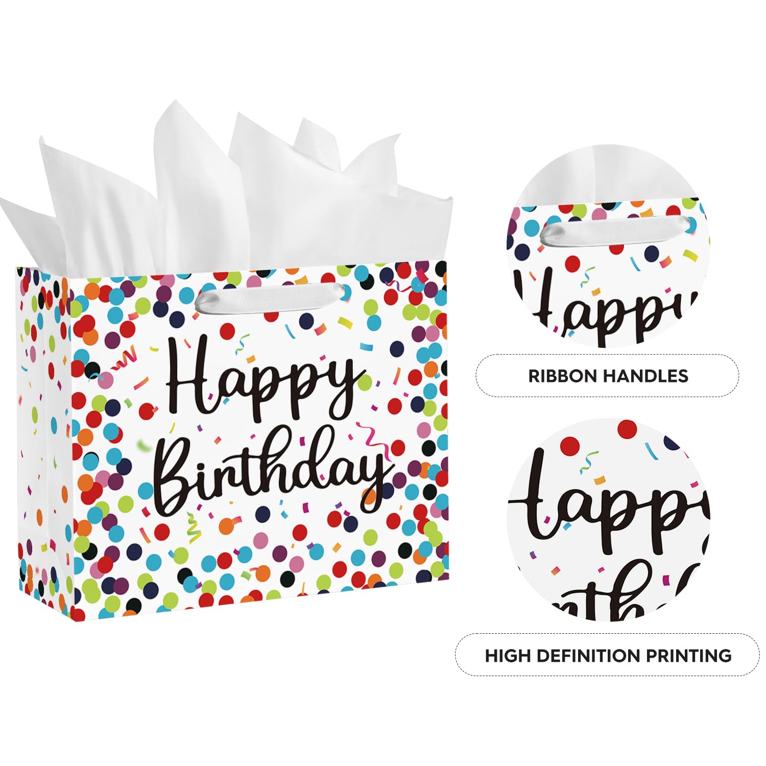 Horaldaily 13 Inch Large Birthday Gift Bags with Tissue Paper & Greeting Card - Premium Polka Dot Party Favor Bags for Men, Women & Kids - Perfect for Birthday Parties, Baby Showers & Special Occasions