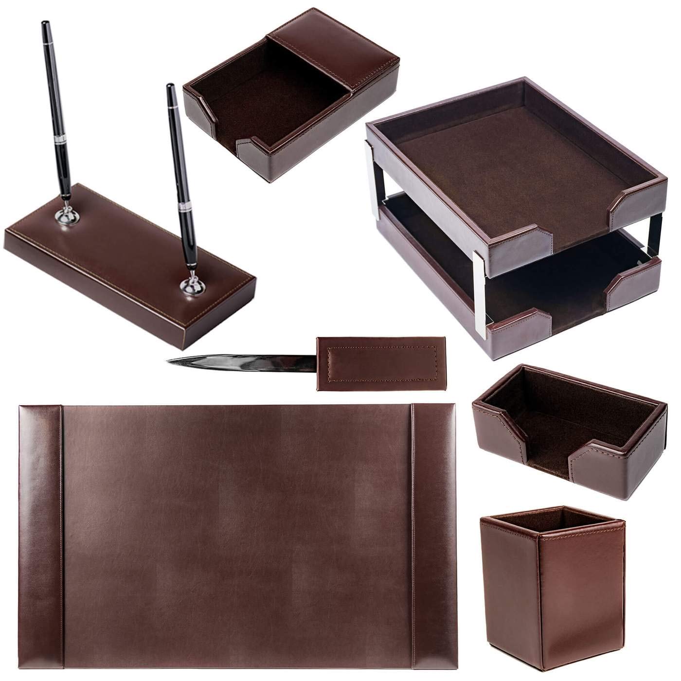 Premium Dark Brown Bonded Leather 9-Piece Office Desk Set - Includes Pen Holder, Letter Tray & More - Perfect for Home Office, Executive Suite & Corporate Gifts