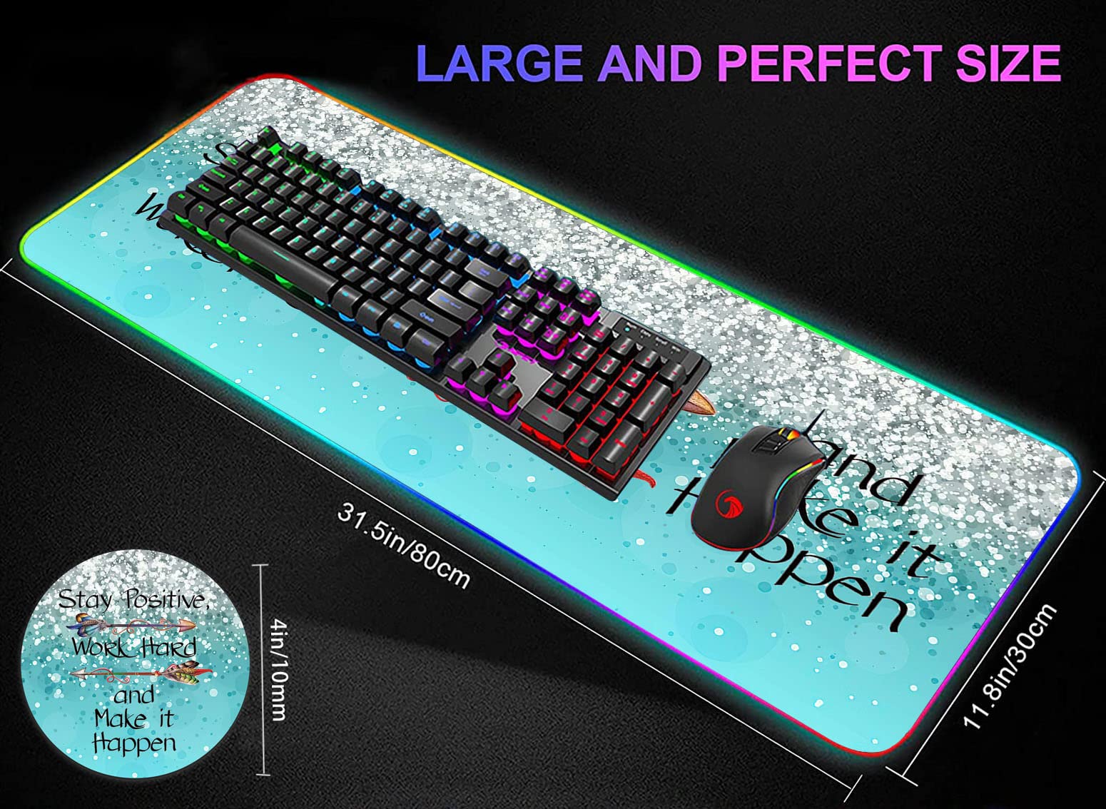 RGB Gaming Mouse Pad with LED Lights - Large Extended Desk Mat for Keyboard & Mouse, Waterproof & Non-Slip Surface - Perfect for PC Gaming, Office Work & Streaming Setup (Blue Motivational Design)