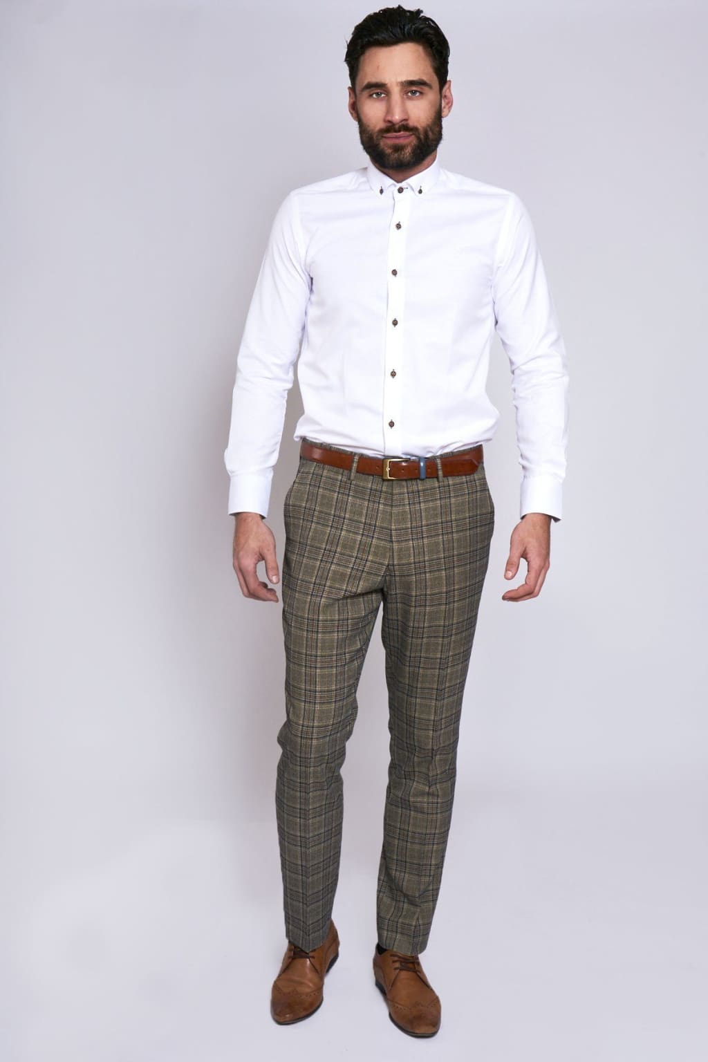 Marc Darcy Enzo Tan Check Tweed Trousers for Men - Classic Slim Fit Dress Pants for Office, Business & Formal Occasions