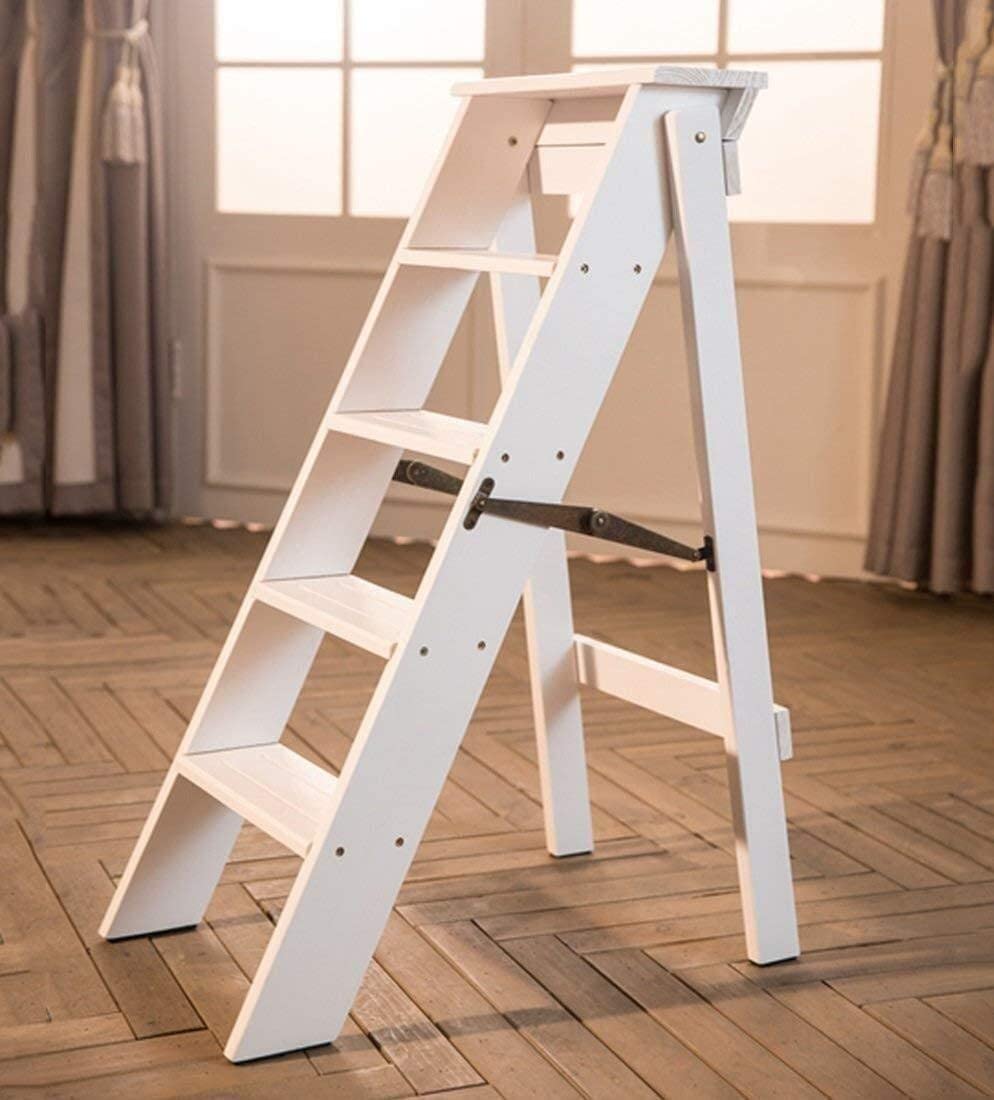 OKUOKA 5-Step Wooden Folding Step Stool Ladder - Portable, Multifunctional Home Step Stool with Non-Slip Surface - Ideal for Kitchen, Bathroom, Garage & Storage (White)