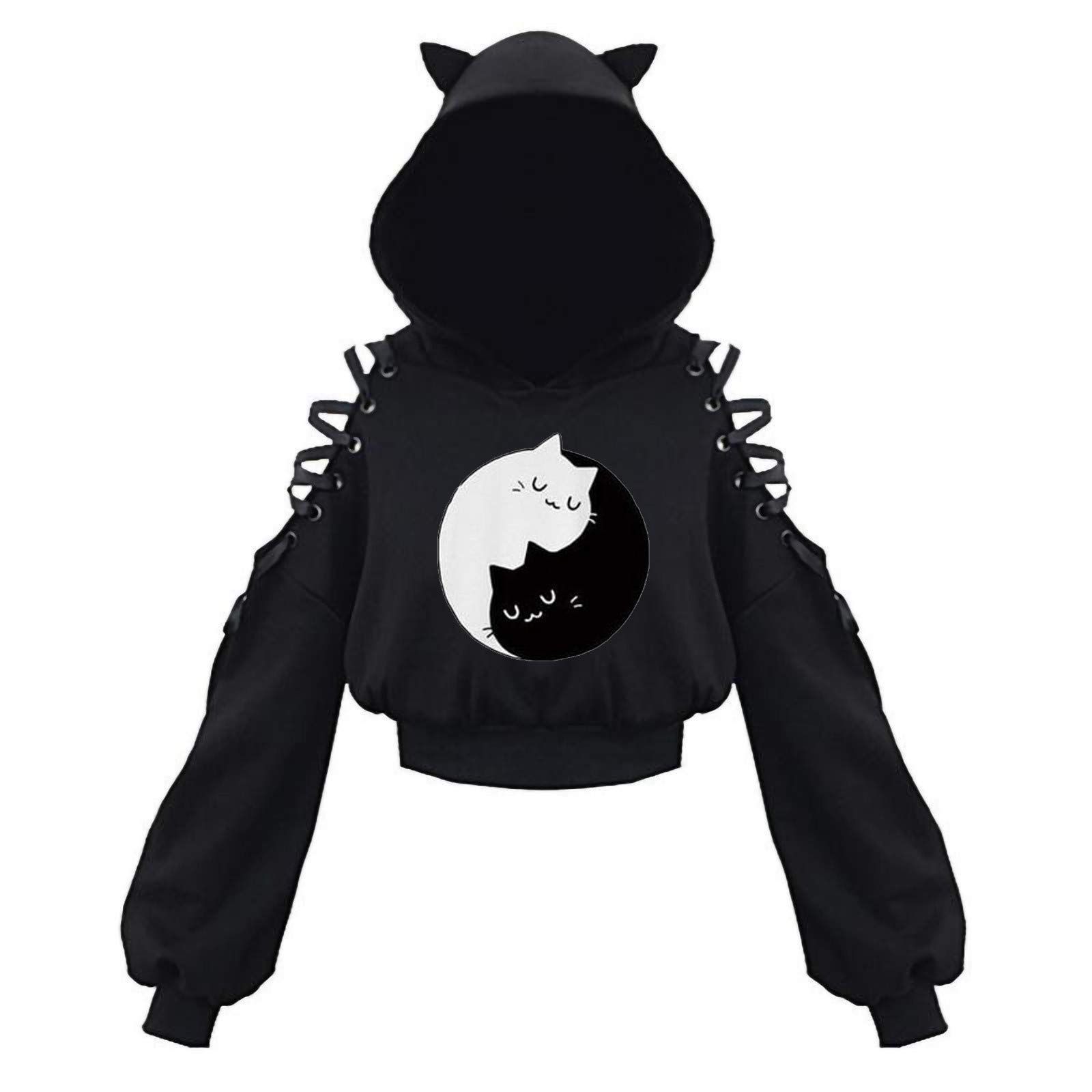 Women's Long Sleeve Hoodie Crop Top Cat Print Sweatshirt - Cute Casual Streetwear for Fall Winter Outfits