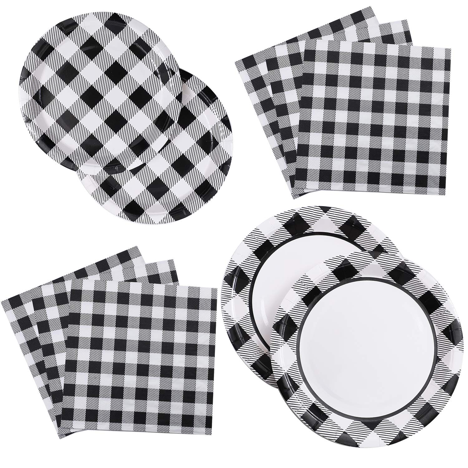 **Aneco 98-Piece Black and White Checkered Disposable Plates Set - Buffalo Plaid Paper Plates & Napkins for Race Car Themed Parties, Sports Events, Birthdays - Perfect for 24 Guests**    *(Ideal for Race Car Birthday Parties, Sports Gatherings, and Themed Events - Durable & Stylish Disposable Tableware for Hassle-Free Cleanup!)*