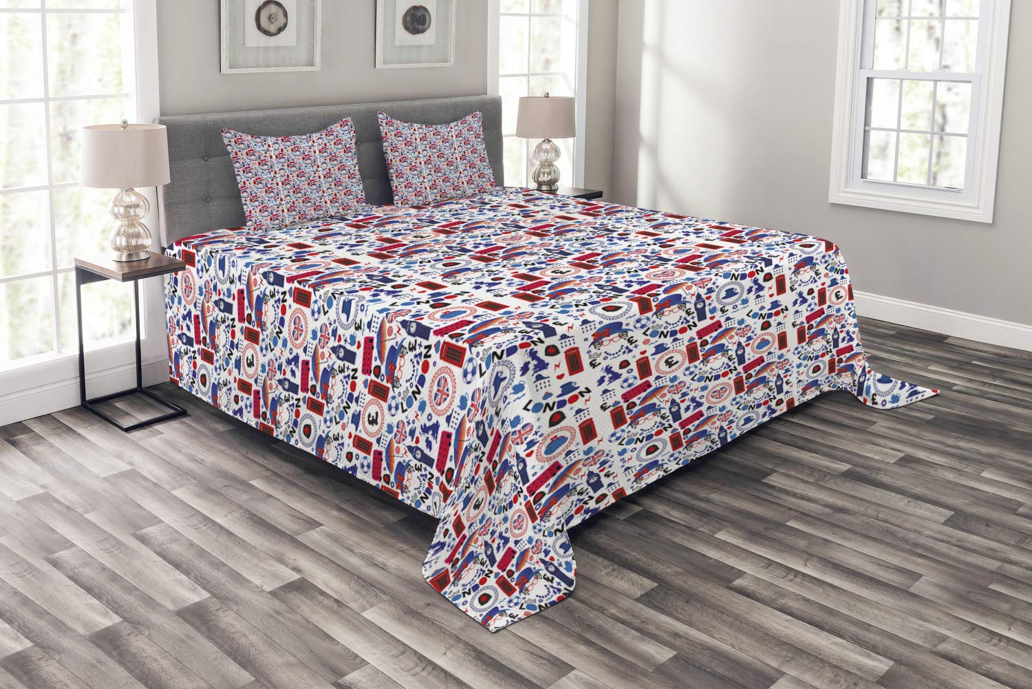 Ambesonne London Themed Queen Size Bedspread Set - 3 Piece Decorative Bedding with Queen Elizabeth Umbrella Tea Party Map Design, Includes Coverlet & 2 Pillow Shams, Multicolor | Perfect for British-Themed Bedrooms, Travel Enthusiasts & Royalty-Inspired Home Decor