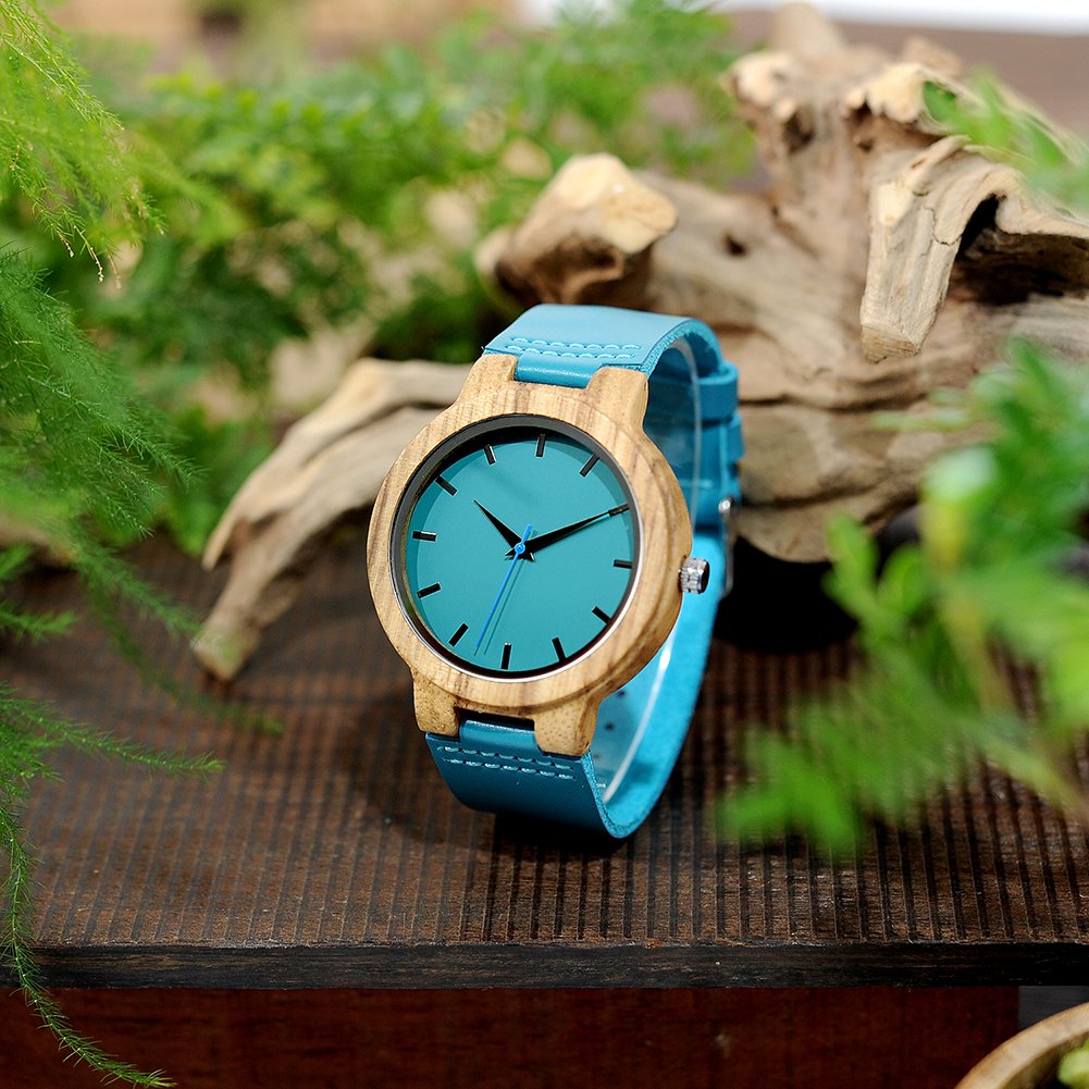BOBO BIRD Bamboo Wooden Watch for Men & Women - Blue Cowhide Leather Strap, Casual Fashion Timepiece with Gift Box | Perfect for Everyday Wear, Anniversary Gifts & Eco-Friendly Lifestyle