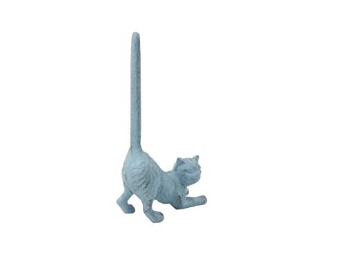 Handmade Nautical Decor Rustic Light Blue Cast Iron Cat Paper Towel Holder 10