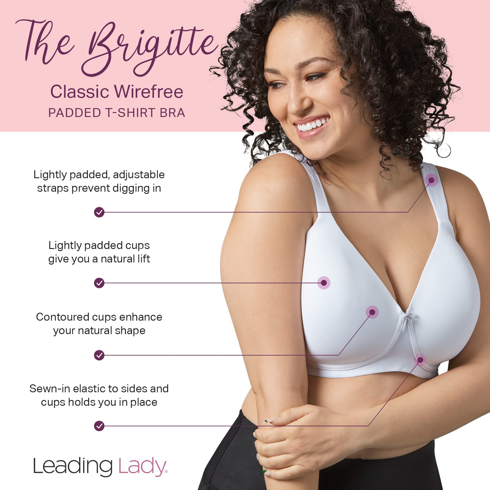 LEADING LADY The Brigitte Classic Wirefree T-Shirt Bra for Women - Comfortable Padded Wireless Bras in Plus Sizes - Perfect for Everyday Wear, Workouts & Lounge