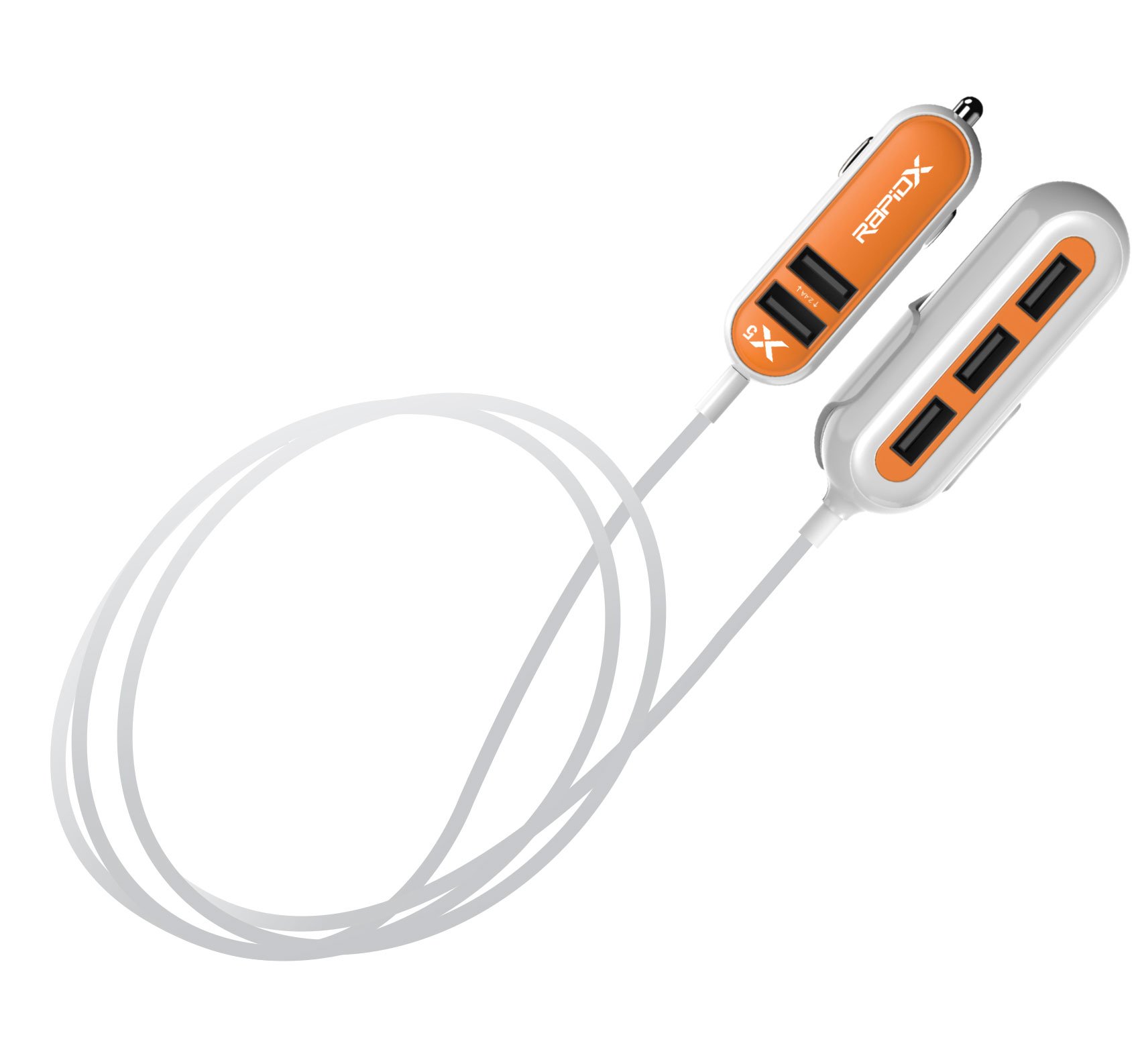 RapidX X5 Fast Car Charger with 5 USB Ports - Compatible with iPhone 15/14/13, Samsung Galaxy S23/S22, Android Devices - Quick Charge 3.0 - Orange - Perfect for Road Trips, Family Travel & Multi-Device Charging