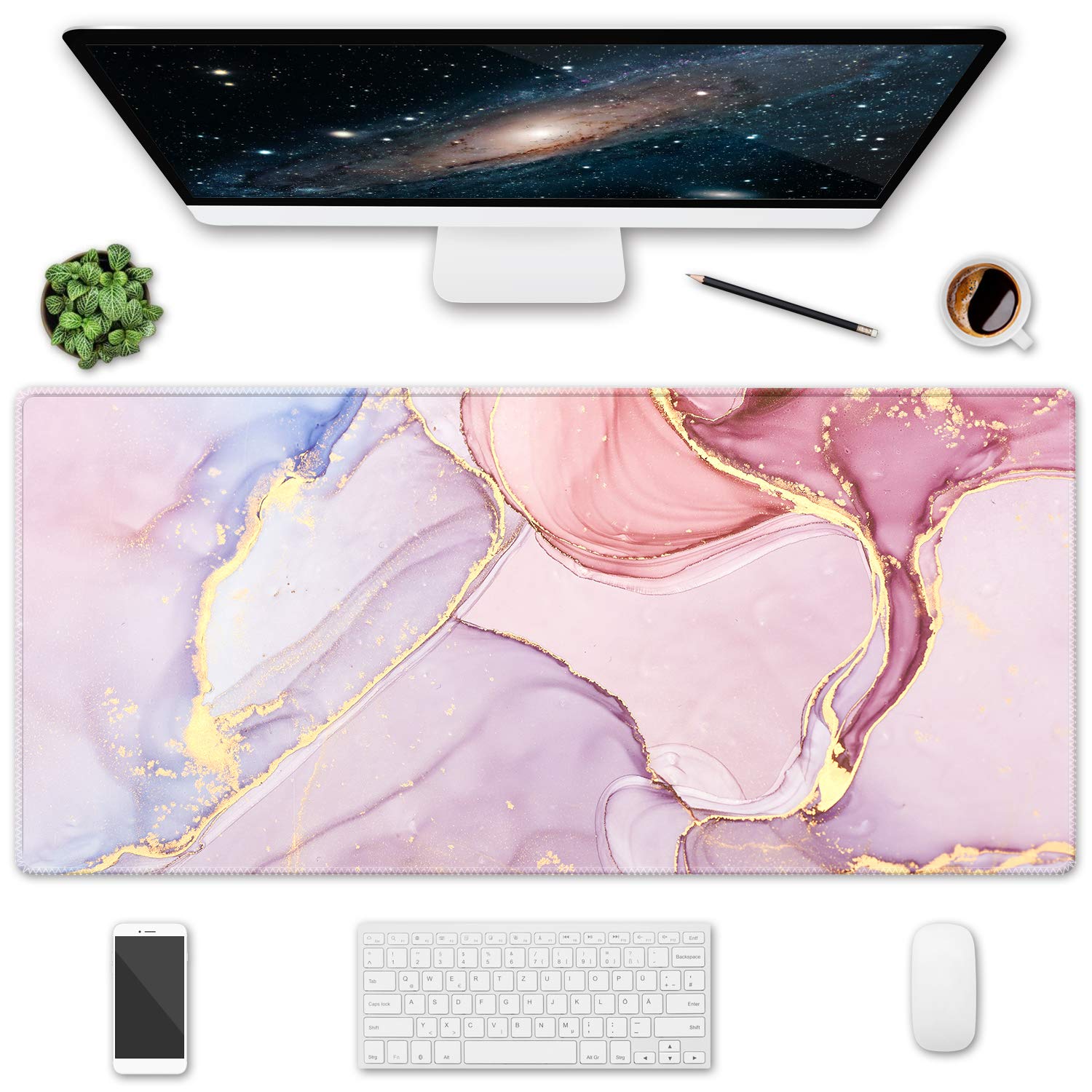HOMKUMY Extended Gaming Mouse Pad - 35.5x15.75 Inch Large Non-Slip Desk Mat with Stitched Edges, Waterproof Keyboard Mouse Pad for PC, Laptop, Office & Home Use - Pink Abstract Design - Perfect for Gaming, Work & Study Setup