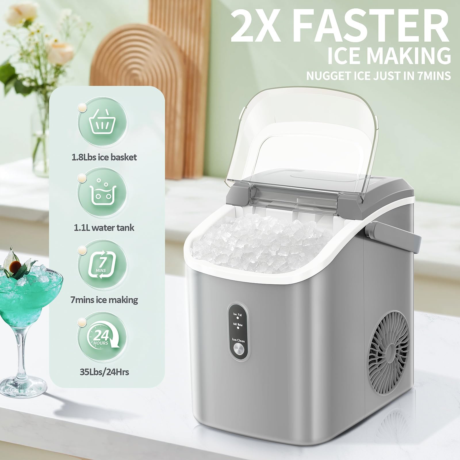 ZAFRO Countertop Nugget Ice Maker - 35Lbs/24H Self-Cleaning Pebble Ice Machine with Ice Basket, Scoop & Storage Bag | Perfect for Home, Office, Bar, Parties & Outdoor Gatherings | Grey