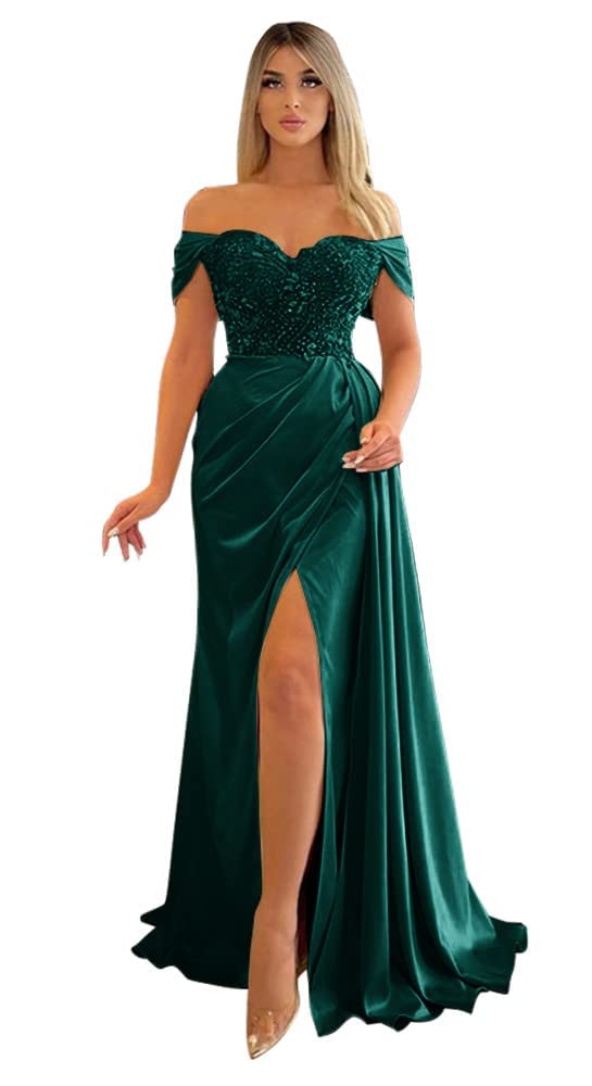 Elegant Off Shoulder Beaded Mermaid Evening Gowns for Women - 2022 Formal Party Dresses with High Slit & Train - Perfect for Prom, Wedding, and Red Carpet Events