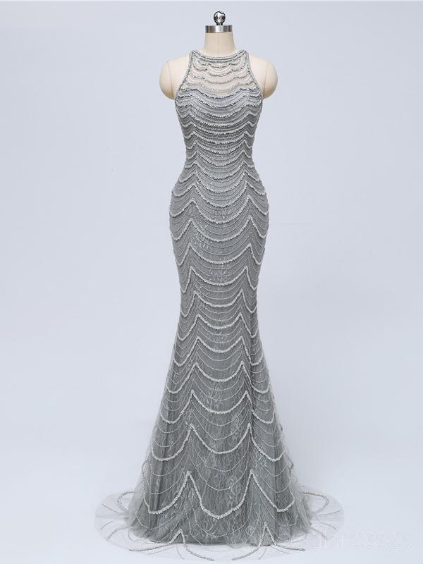 Elegant Grey Lace Beaded Mermaid Prom Dress - Long Evening Gown for Sweet 16, Homecoming & Formal Events | Style 18347 | Perfect for Prom Night, Quinceañera & Special Occasions