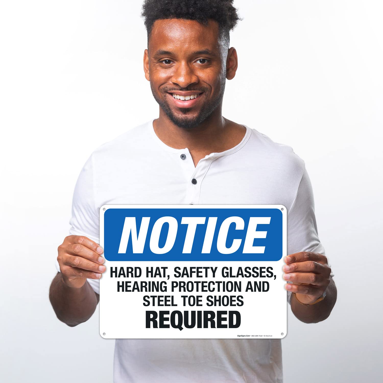 OSHA Compliant Safety Sign - Hard Hat, Safety Glasses, Hearing Protection & Steel Toe Shoes Required - 10x14 Inch Rust-Free .040 Aluminum Sign - Fade Resistant for Indoor/Outdoor Use - Made in USA - Perfect for Construction Sites, Warehouses & Industrial Workplaces