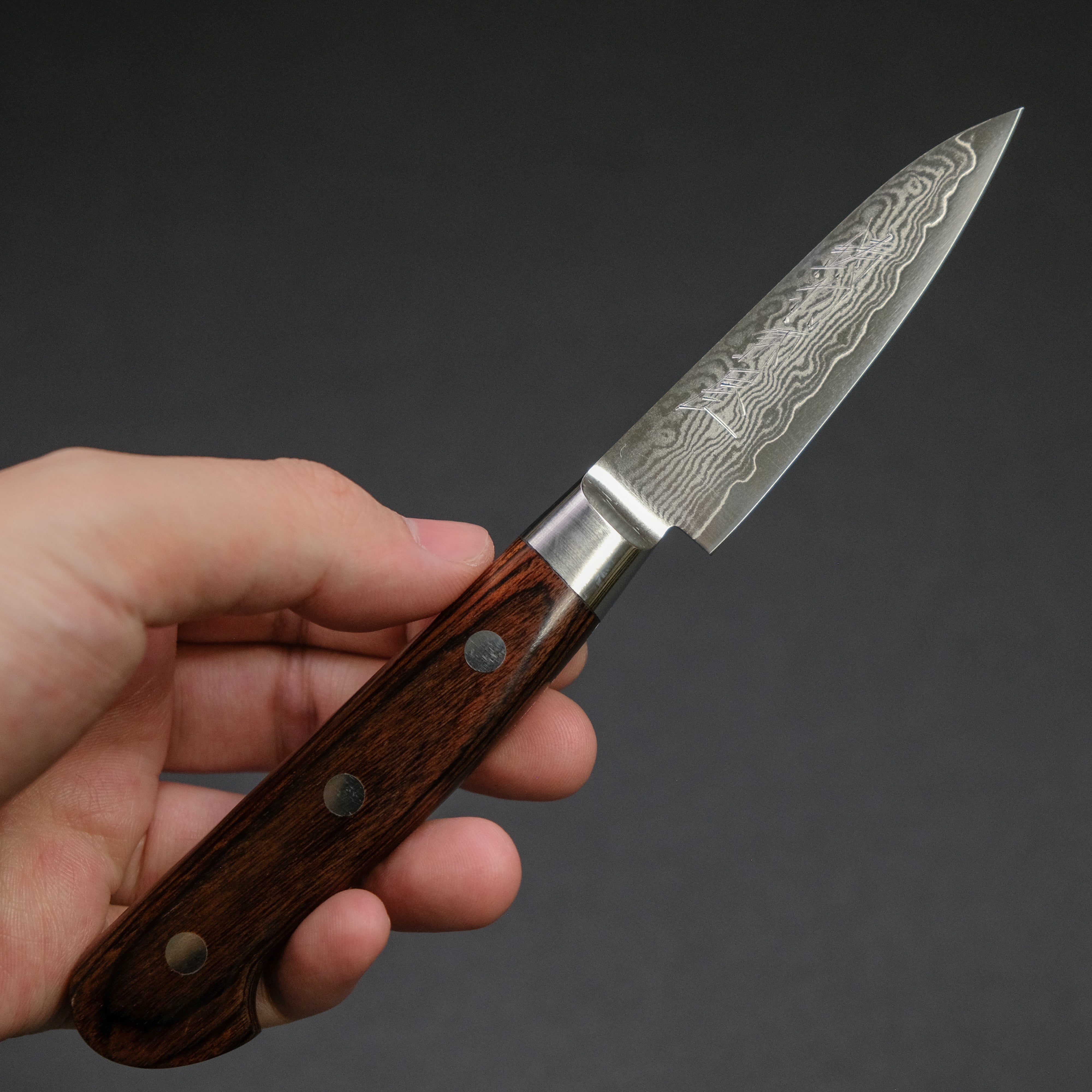 Hitohira Imojiya ST Damascus Paring Knife 80mm - Premium Imitation Mahogany Handle - Perfect for Kitchen, Cooking, Slicing Fruits & Vegetables