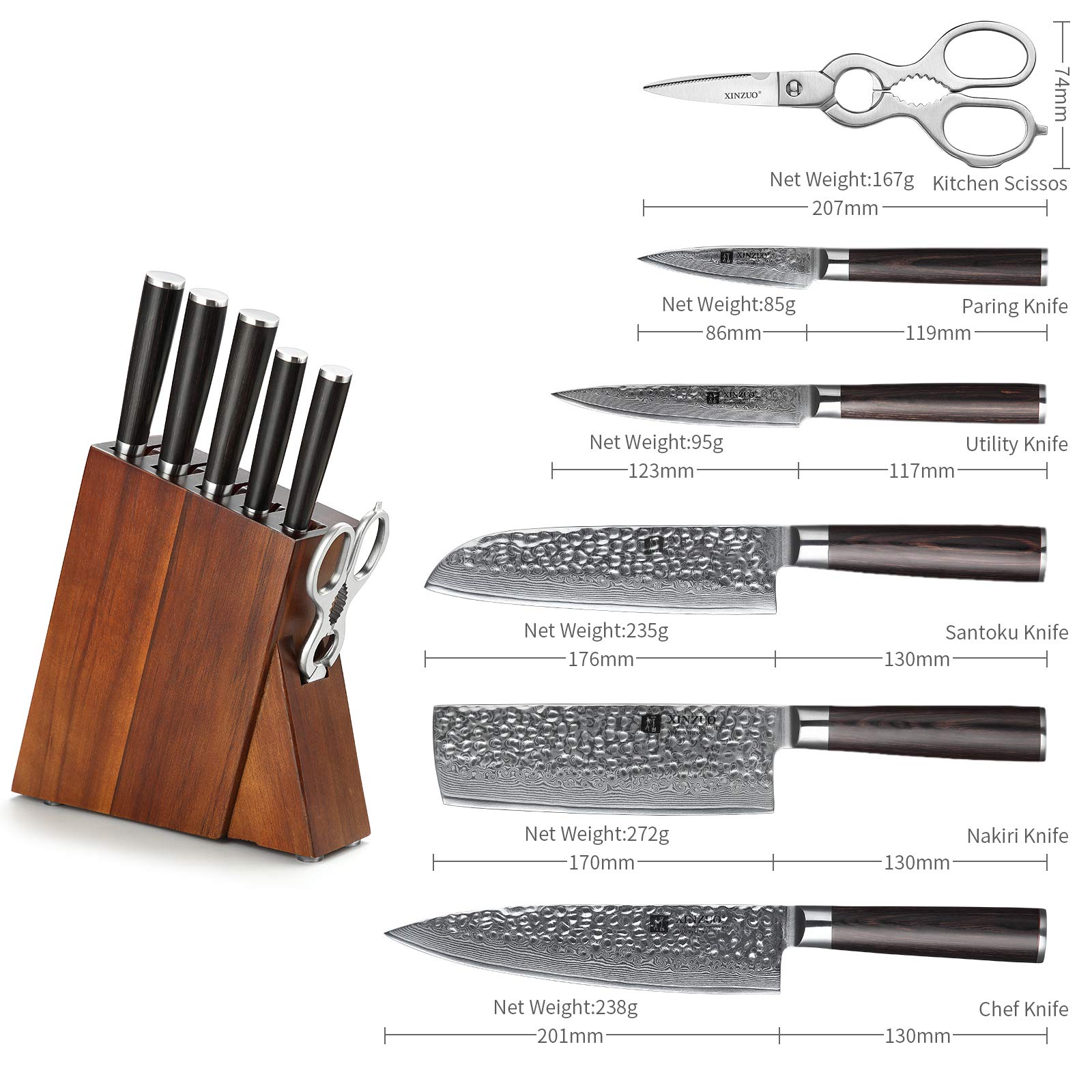 Premium 7-Piece Damascus Steel Knife Set with Wooden Block - Professional Chef Knives for Home Cooking & Culinary Gifts - Pakkawood Handle Knife Set - Perfect for Kitchen Prep, Meat Cutting & Vegetable Chopping
