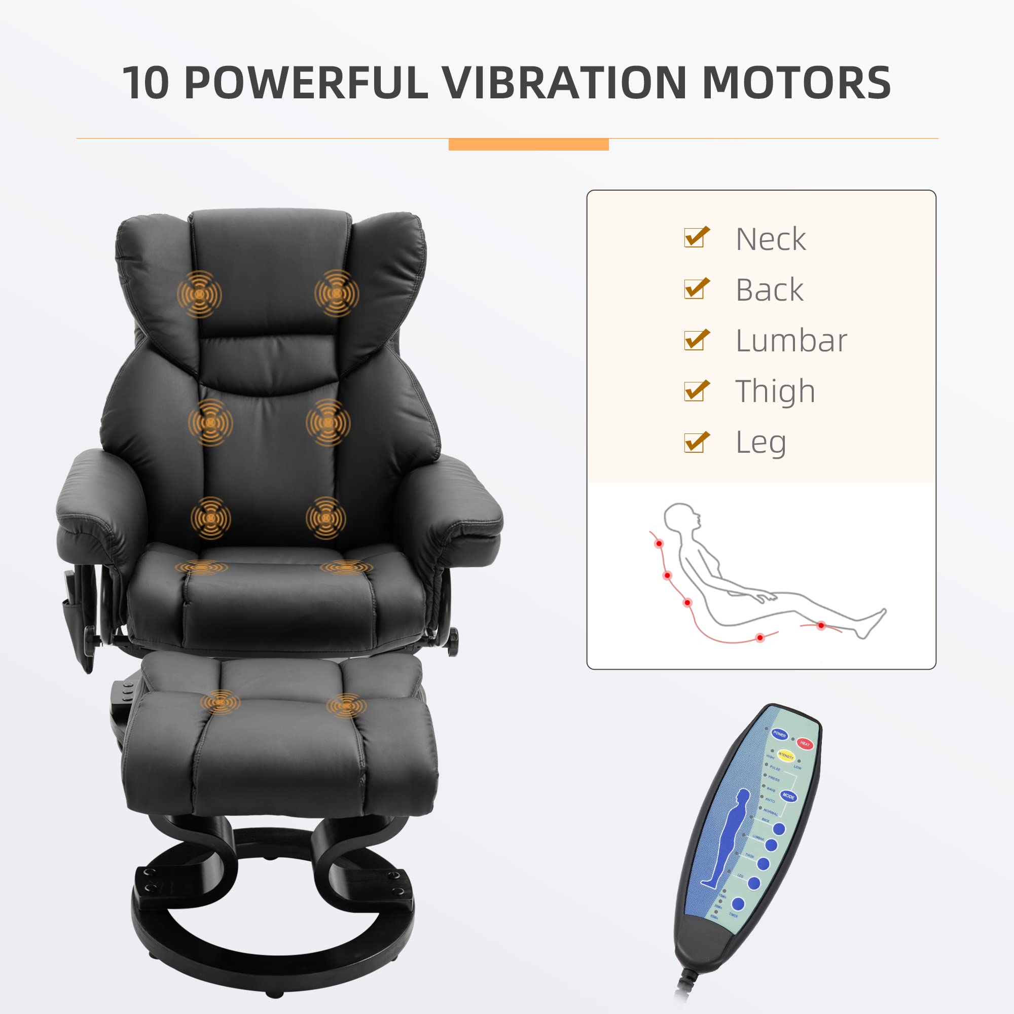 HOMCOM Massage Recliner Chair with Ottoman Footrest - 10 Vibration Points, 360° Swivel Reclining Living Room Chair - Faux Leather with Side Pocket & Remote Control - Black - Perfect for Relaxation, Home Theater & Living Room Comfort