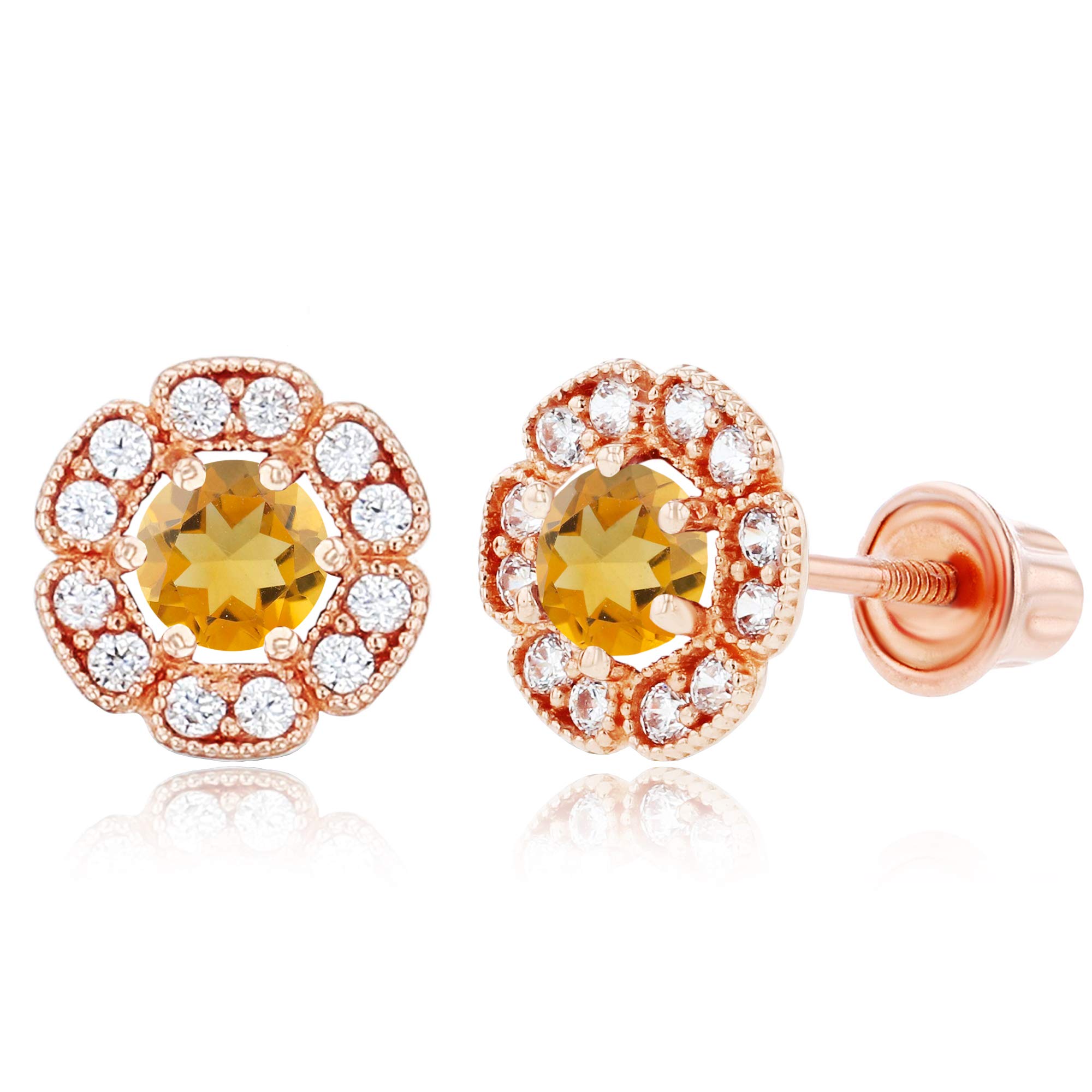 14K Solid Gold 6mm Natural Birthstone Flower Screwback Stud Earrings for Women | 7mm Round Birthstone | 1mm Created White Sapphire Floral Earrings | Perfect for Birthdays, Anniversaries & Everyday Elegant Wear