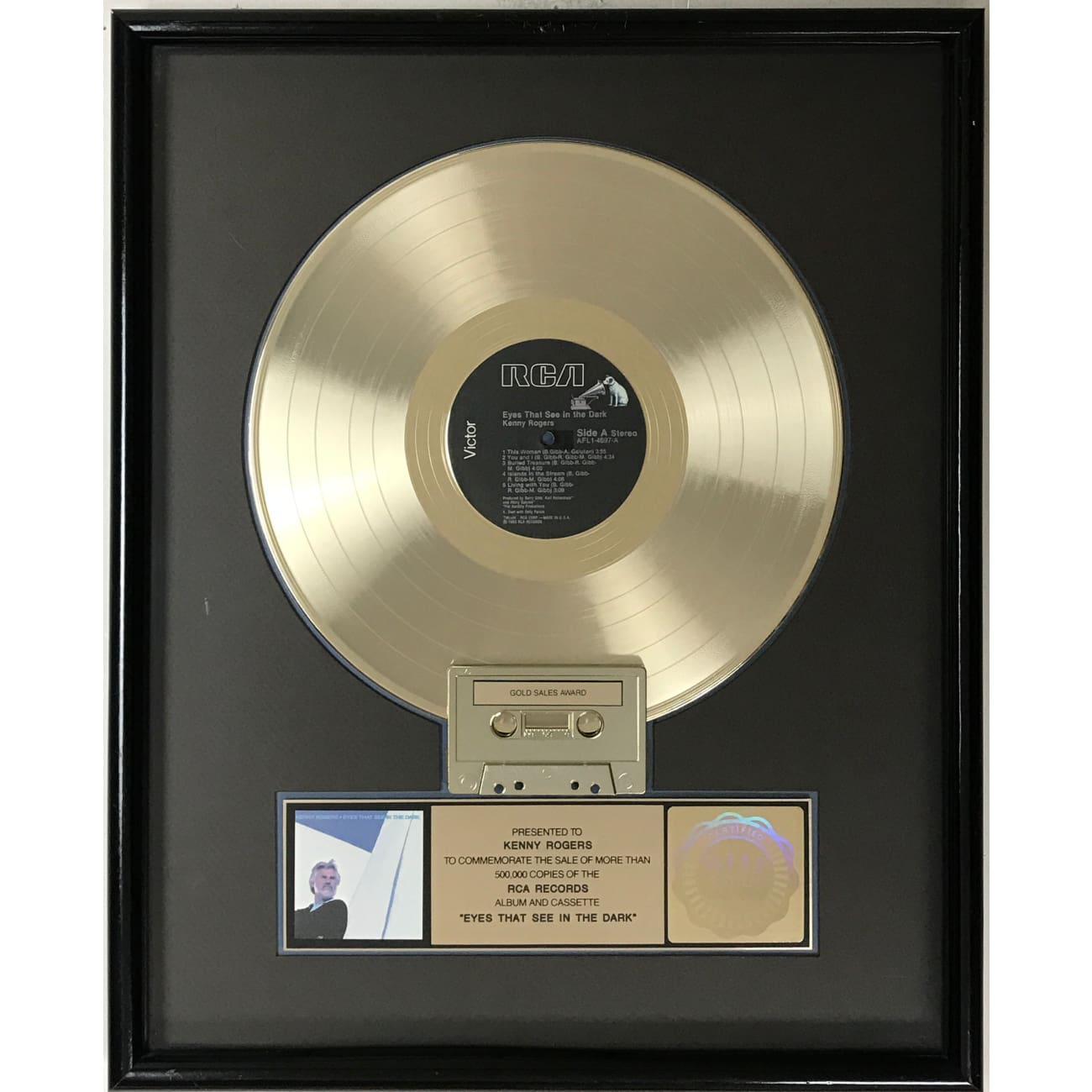Kenny Rogers Eyes That See In The Dark RIAA Gold LP Award - Rare Collectible Vinyl Record for Music Enthusiasts & Home Decor
