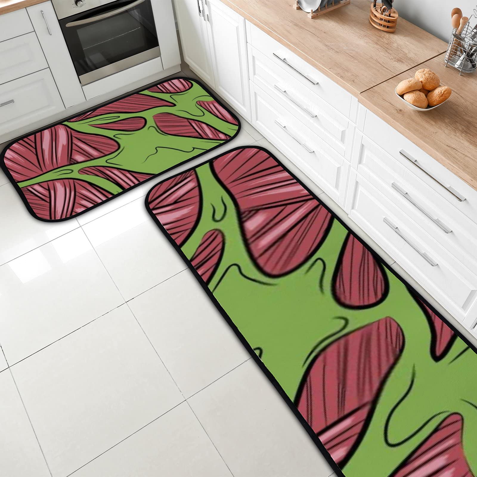 Non-Slip Zombie Skin Pattern Kitchen Rugs Set - 2PCS Soft Absorbent Coral Velvet Floor Mats (1.5'x2.4' + 1.5'x4.8') - Washable Kitchen & Entryway Rugs for Home Decor, Anti-Fatigue Standing Mats for Cooking & Dishwashing Areas