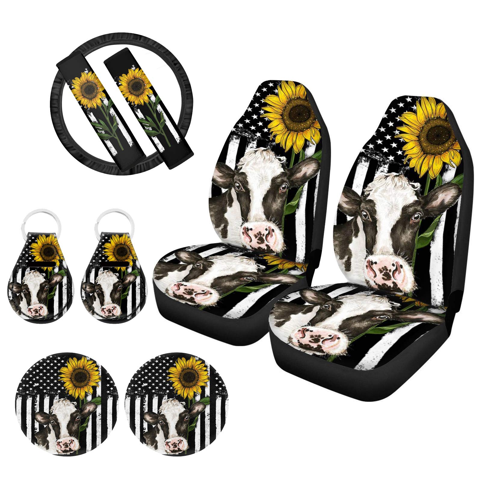 Sunflower Car Accessories for Women - 11 Pcs Cow Print Car Seat Covers Set with Steering Wheel Cover, Keychain & Seat Belt Covers | Cute Vehicle Decor for Girls | Perfect for Road Trips & Daily Commute