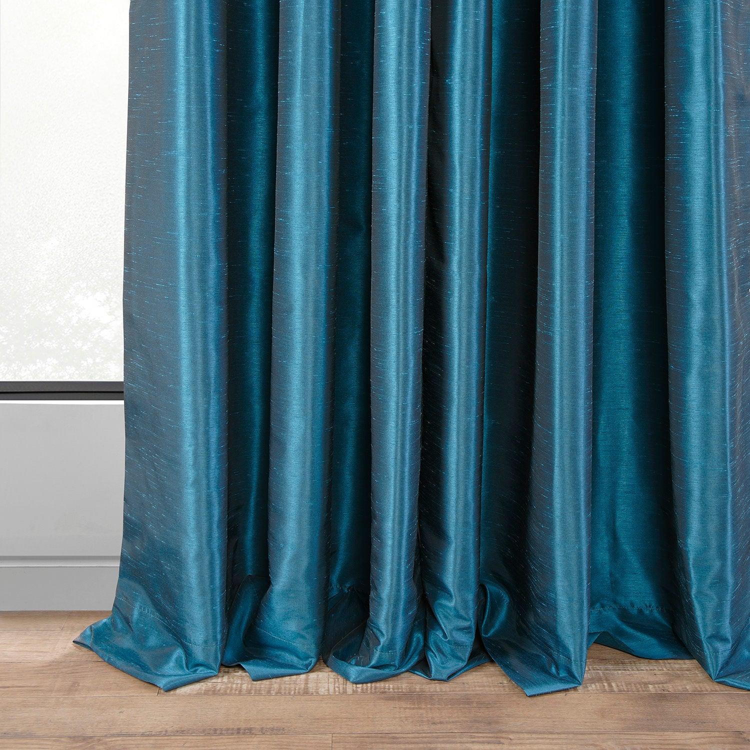 Oceanside Blue French Pleat Vintage Textured Faux Dupioni Silk Blackout Curtains - Elegant Window Treatment for Bedroom & Living Room, Light Blocking & Noise Reducing