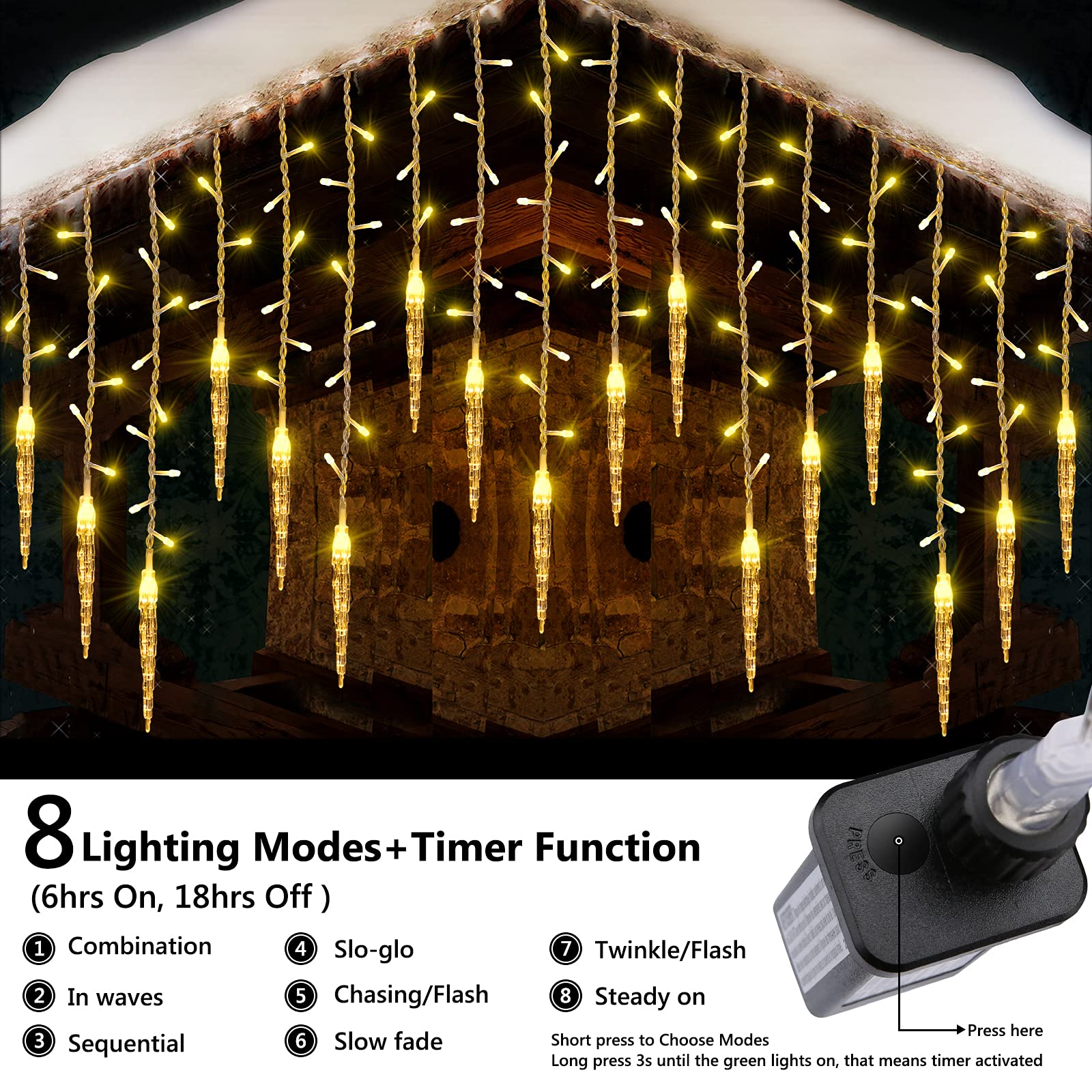 432 LED 35.4ft Christmas Icicle Lights - 8 Lighting Modes with 72 Drops, Warm White Waterproof Fairy String Lights for Xmas Tree, Wedding, Garden, Outdoor & Indoor Decor - Perfect for Holiday, Party and Home Decoration