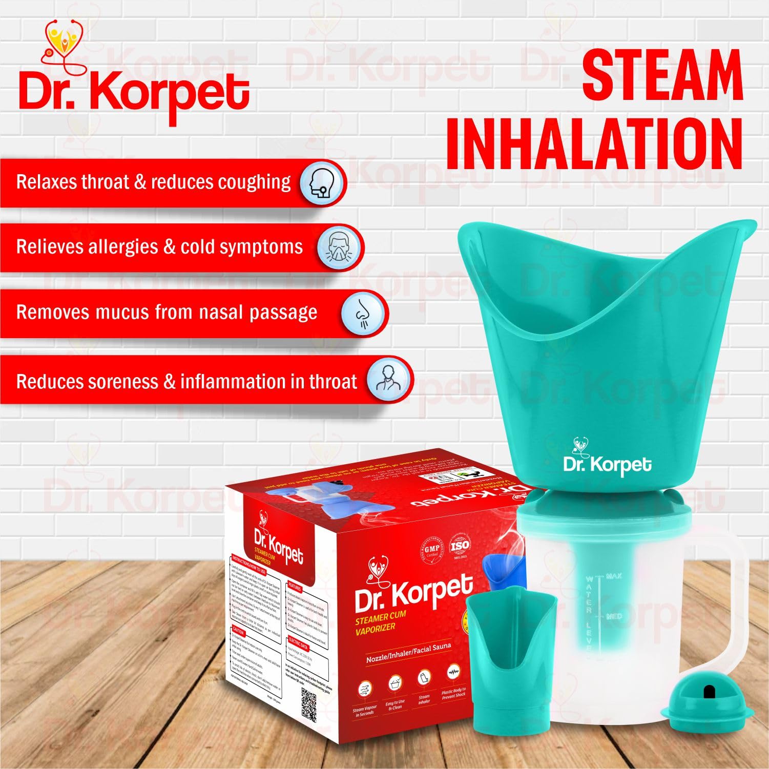Dr. Korpet 3-in-1 Vaporizer Steamer for Cough, Cold & Facial Care | Portable Inhaler & Humidifier for Sinus Relief | Perfect for Home Use, Baby Care & Spa Treatments (Green)