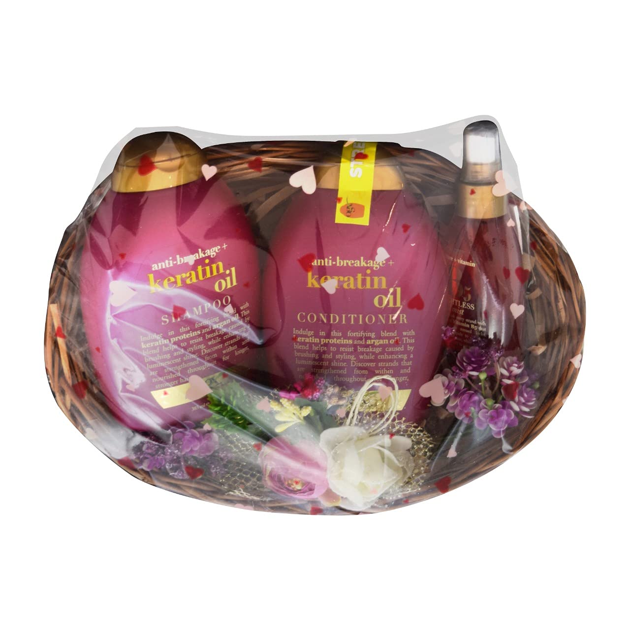 **OGX Keratin Oil Shampoo, Conditioner & B5 Weightless Mist 3-Piece Hair Care Gift Set for Women - Perfect for Diwali, Karvachauth & All Seasons - Includes Decorated Gift Basket - Ideal for Gifting & Special Occasions**