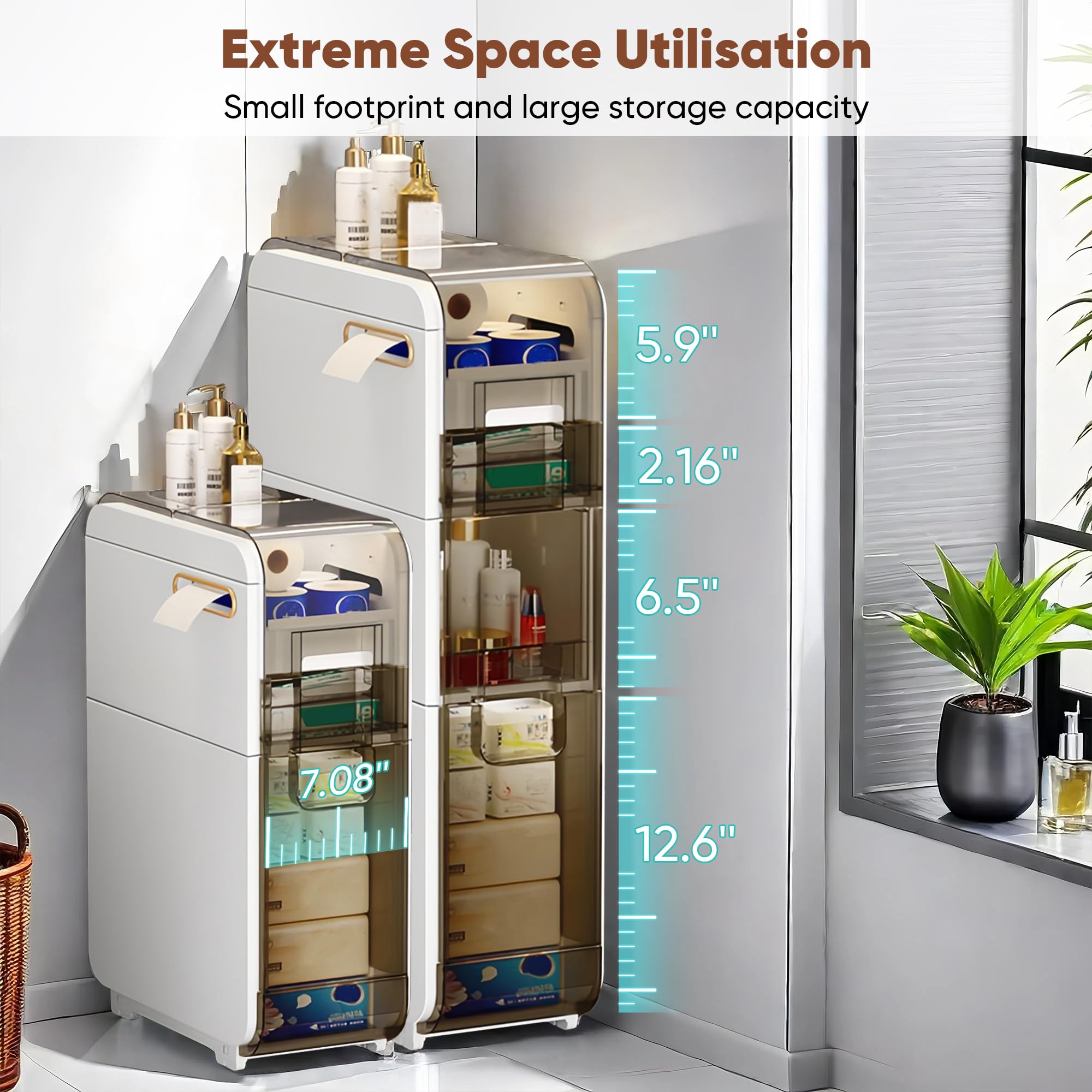 3-Tier Slim Bathroom Storage Cabinet with Drawers & Toilet Paper Holder - Waterproof Plastic Narrow Organizer for Small Spaces, Kitchen, Laundry Room, Living Room - Perfect for Bathroom Essentials, Towels & Toiletries Storage