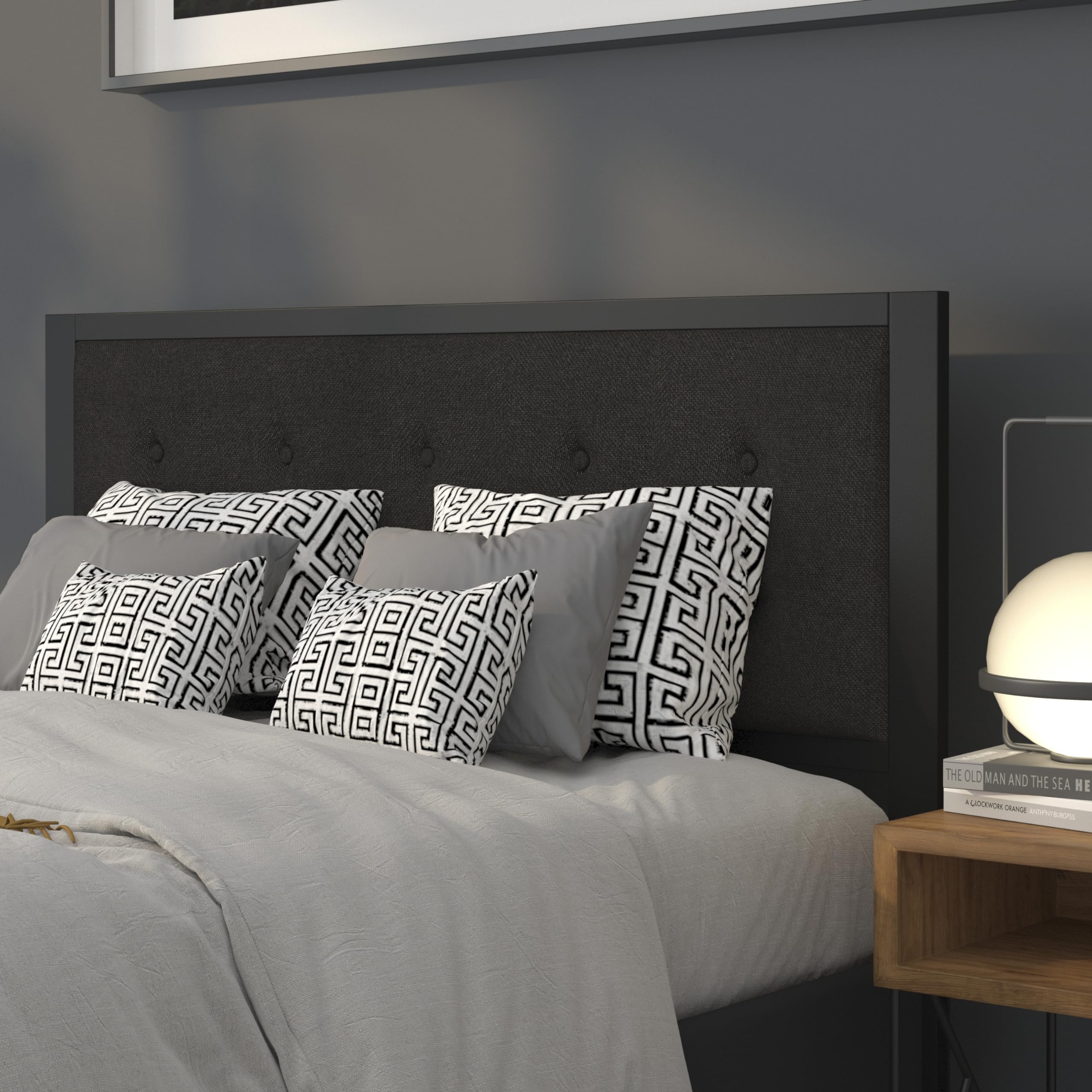 EMMA + OLIVER Queen Size Upholstered Metal Panel Headboard - Tufted Black Fabric for Bedroom Decor | Modern & Elegant Bed Frame Headboard for Master Bedroom or Guest Room