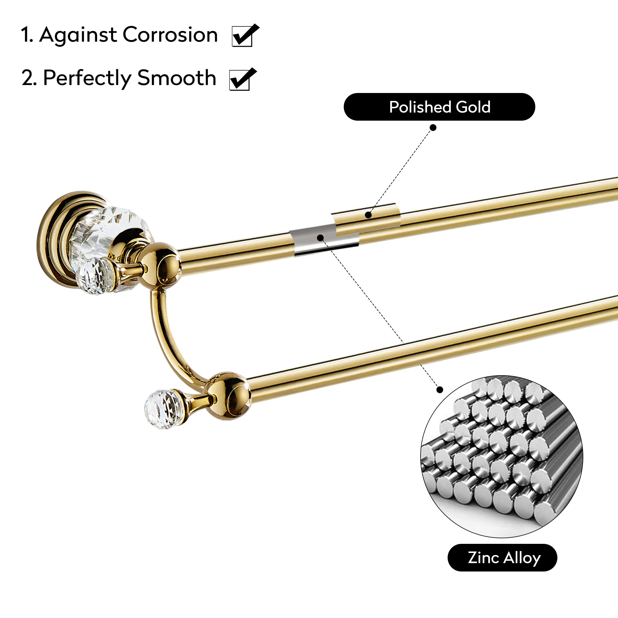 WINCASE Adjustable Gold Towel Bar 18-30 Inch - Crystal Double Towel Holder for Bathroom Wall Mount - Perfect for Spa, Hotel & Luxury Home Decor