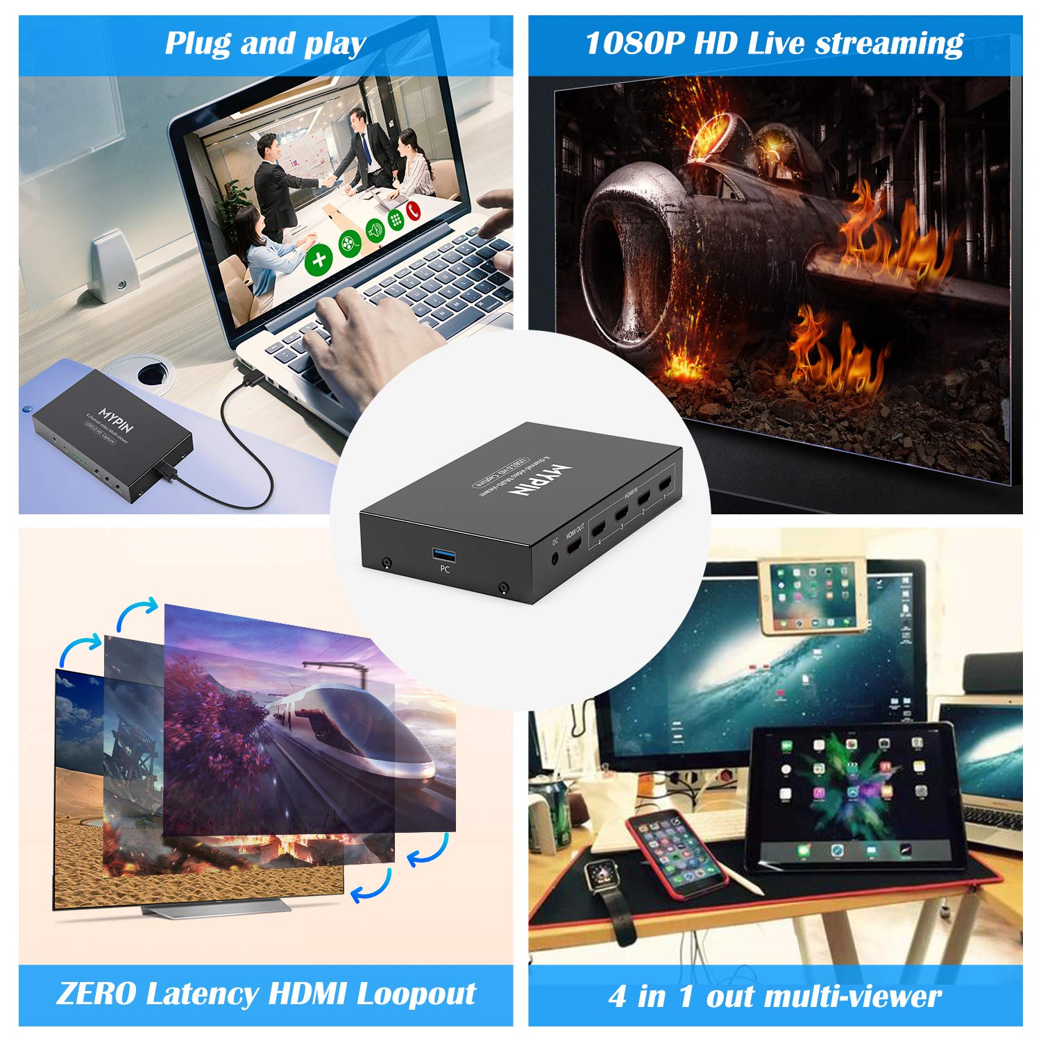MYPIN USB 3.0 HDMI Video Capture Card - 4K 1080P 60fps Multi-Channel Game Capture Device with Loop Out for Xbox One, PS4, Wii U, Nintendo Switch - Perfect for Live Streaming, Gaming, Video Recording & Content Creation