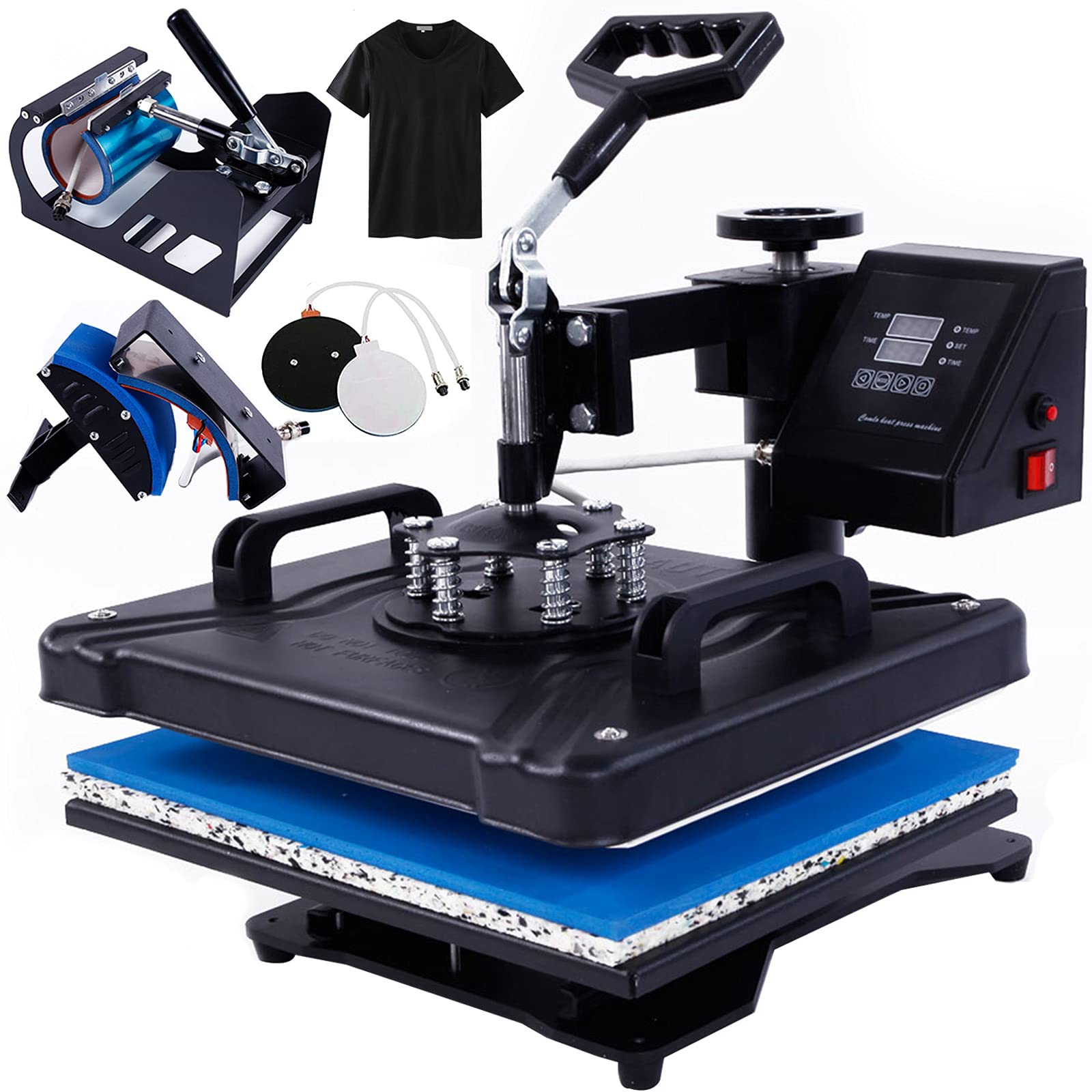 Tinkeal 12x15 Inch 5-in-1 Heat Press Machine Kit - Sublimation Swing Away & Clamshell Printing Transfer for T-Shirts, Hats, Mugs, Plates & Caps | Professional DIY Craft & Custom Apparel Equipment (Black)