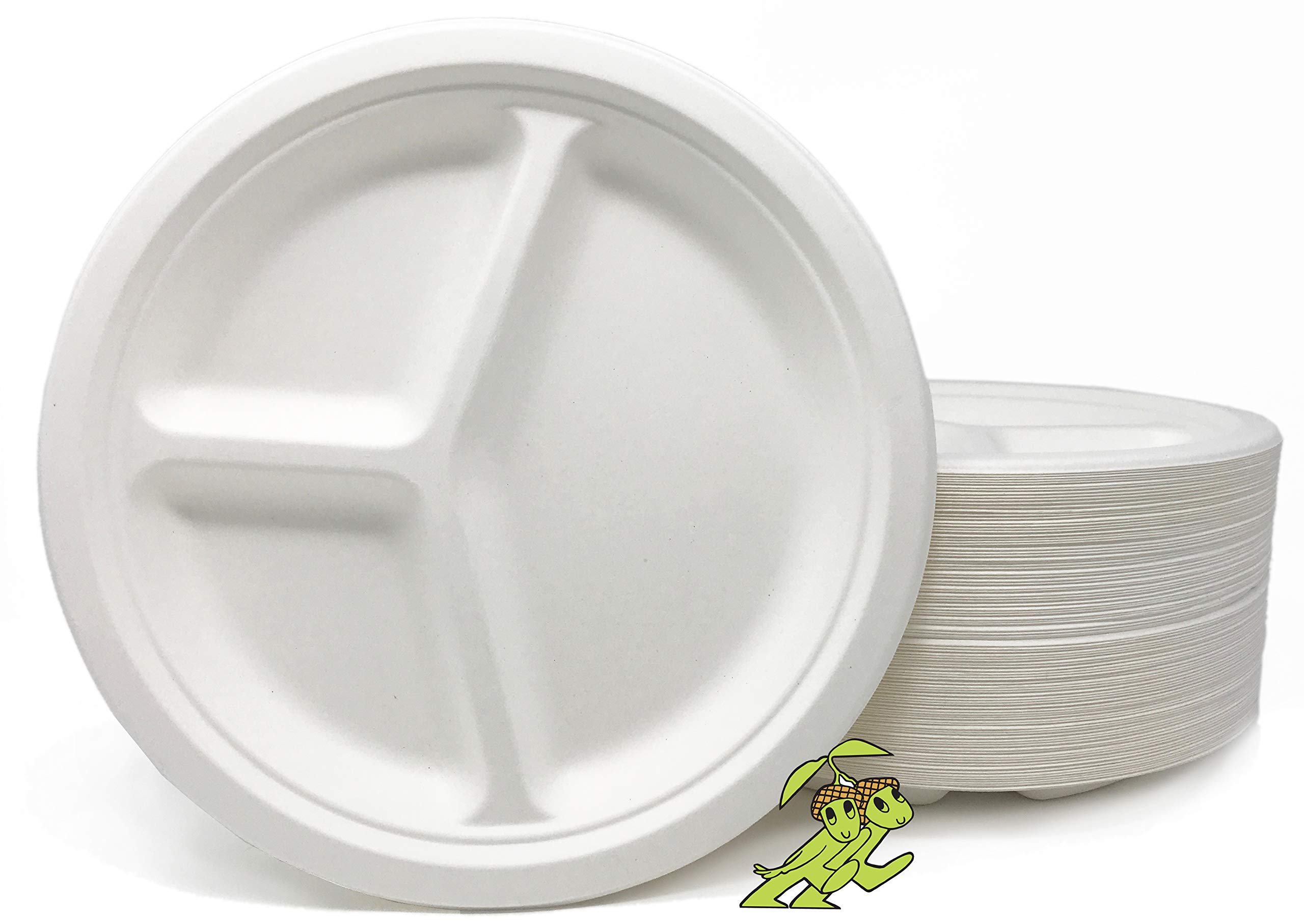 Eco-Friendly 10 Inch 3-Compartment Heavyweight Compostable Plates (White, 500 Count) - Sugar Cane Bagasse Disposable Dinnerware for Parties, Picnics & Catering - Bulk Value Pack by Mr. Green Guys