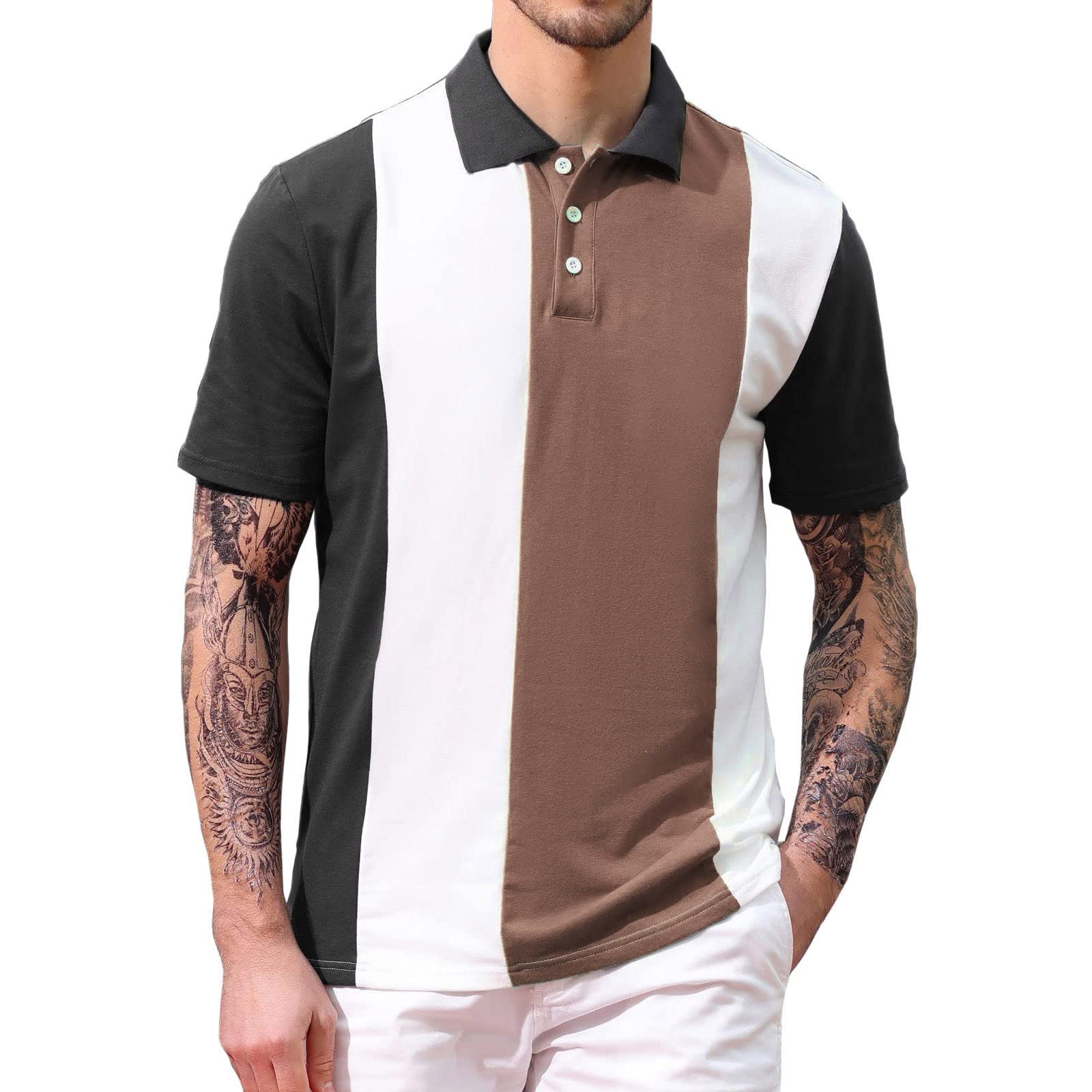 Men's Cotton Patchwork Button Lapel T-Shirt | Spring Summer Fashion Sports Top | White Casual Shirt for Men | Perfect for Outdoor Activities, Gym & Daily Wear