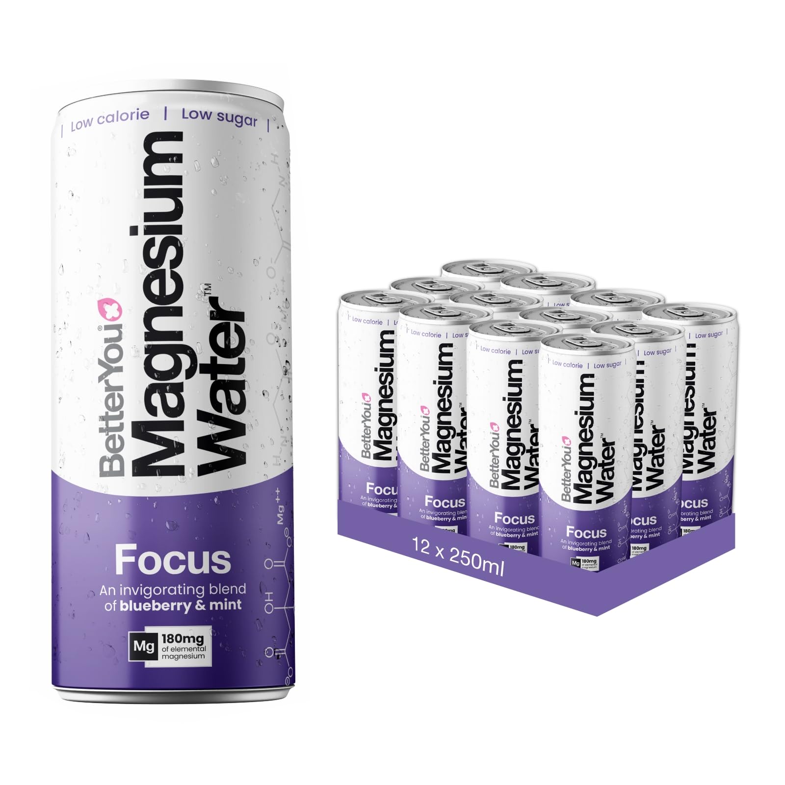 BetterYou Magnesium Water Focus - 12 Pack of 250ml Bottles | Natural Stress Relief & Mental Clarity Supplement | Perfect for Work, Study & Active Lifestyles