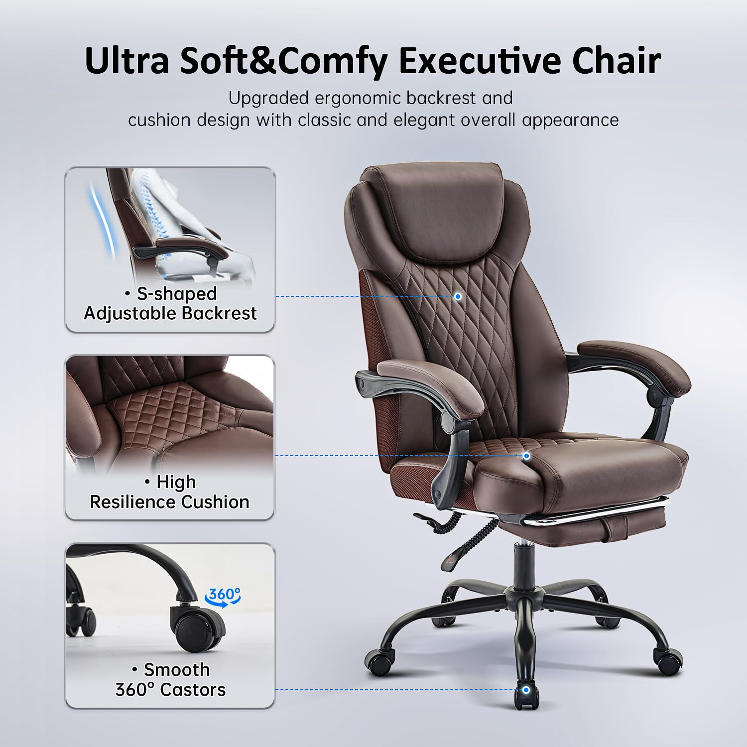 Ergonomic Big and Tall Office Chair with Footrest - High Back Reclining Leather Desk Chair with Lumbar Support (Brown) - Perfect for Home Office, Gaming, and Executive Workspaces